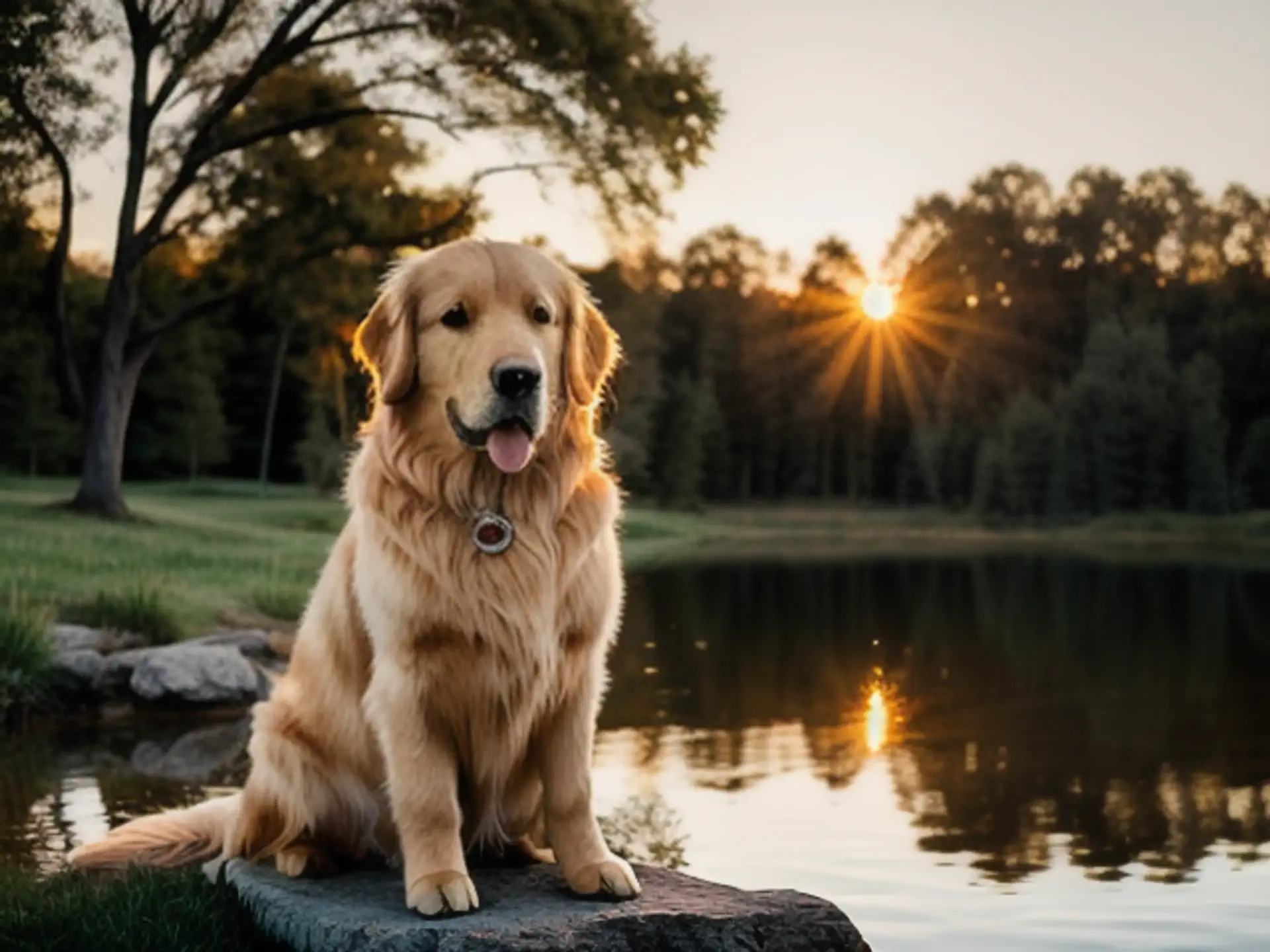 Golden Retriever bij zonsondergang aan rustig bosmeer in natuurgebied