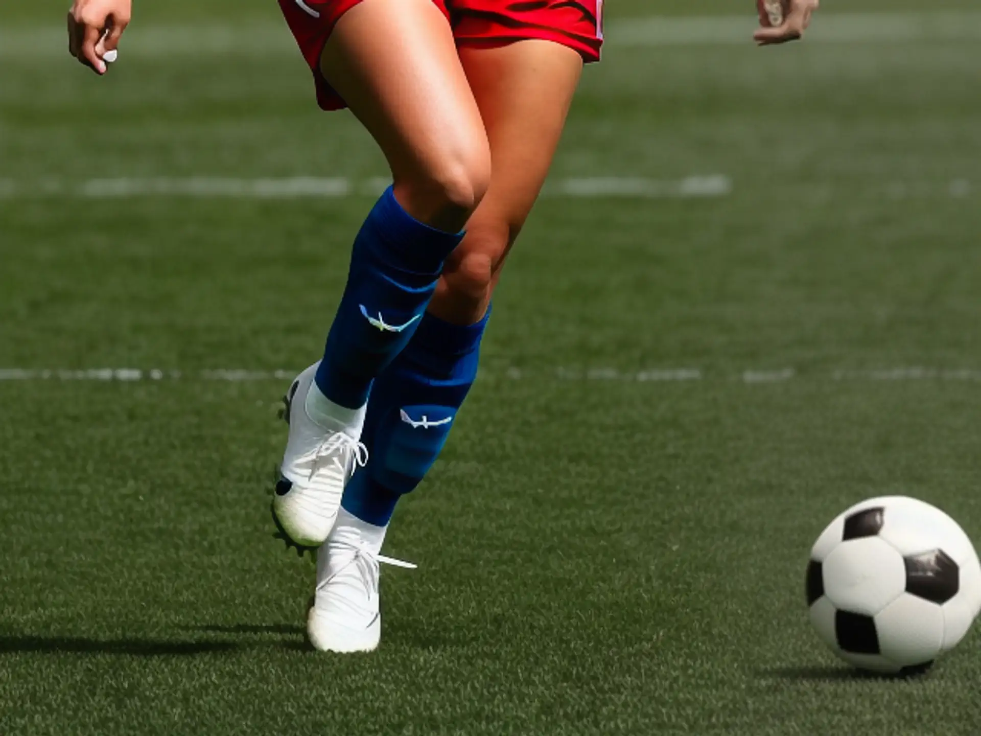 Close-up actieshot van voetbalspeler met bal op kunstgrasveld