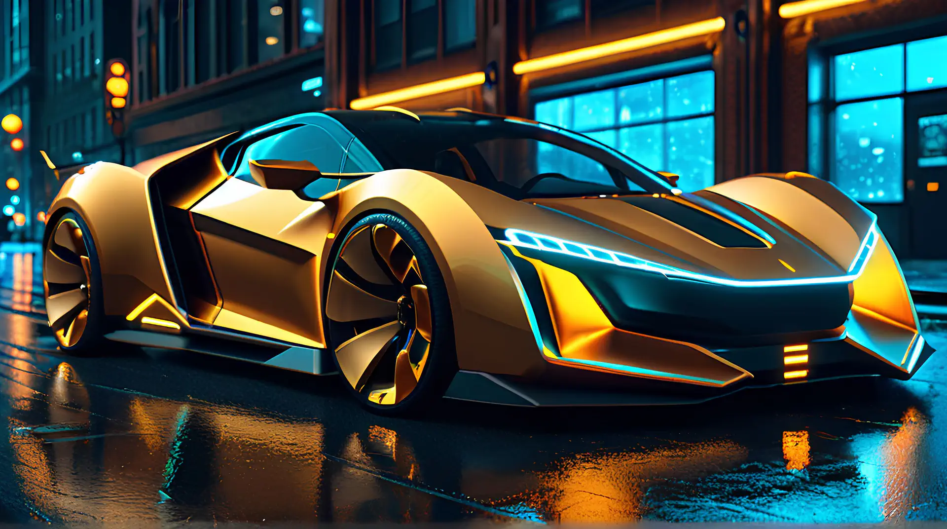 Gouden Hypercar Design met Blauwe Accenten 4K Wallpaper
