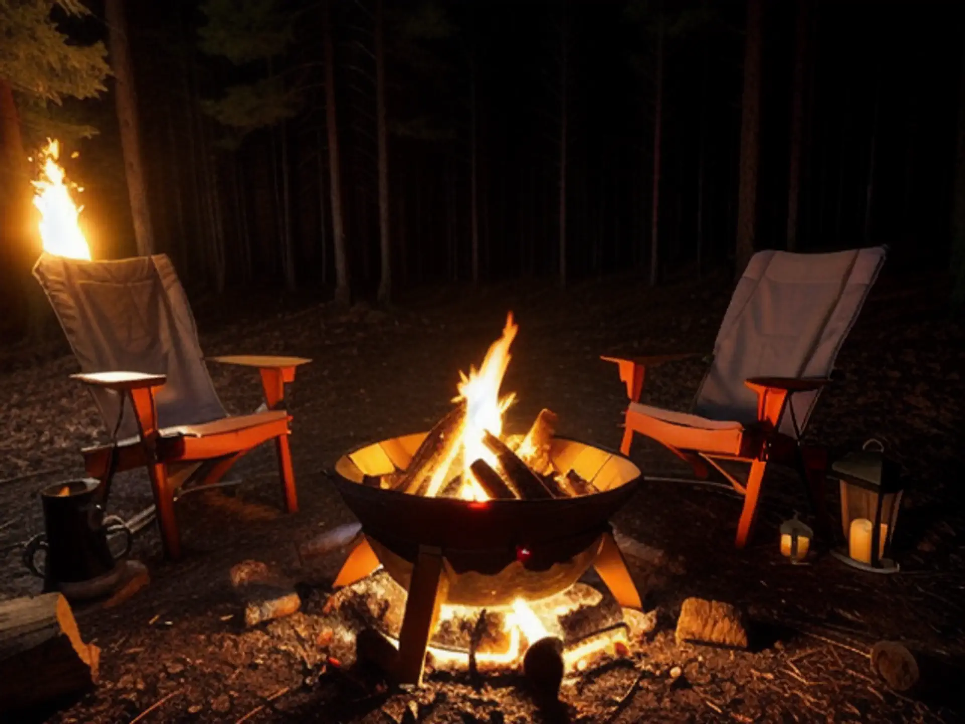 Sfeervolle vuurplaats met kampvuur en loungestoelen in het bos