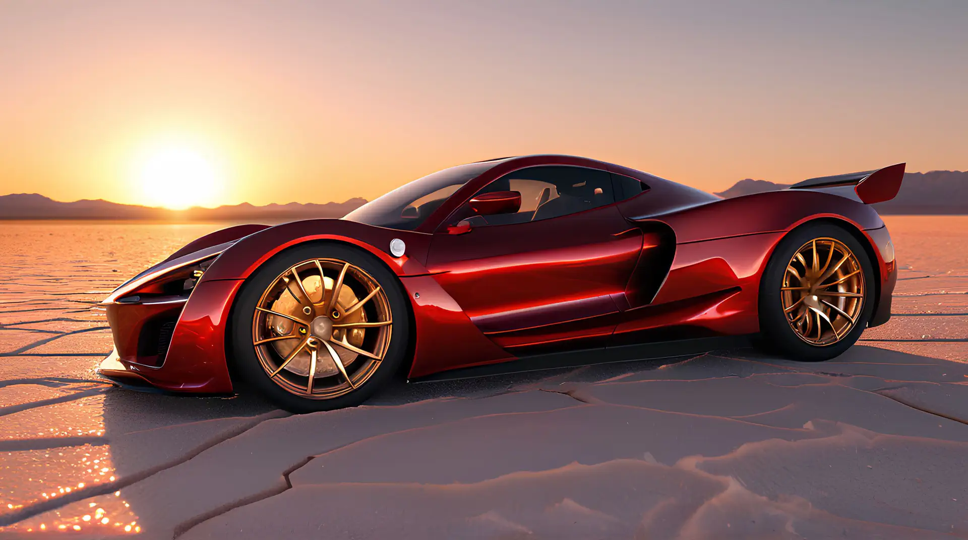 Vuurrode Hypercar met Gouden Velgen op Zoutvlakte bij Zonsondergang 4K Wallpaper