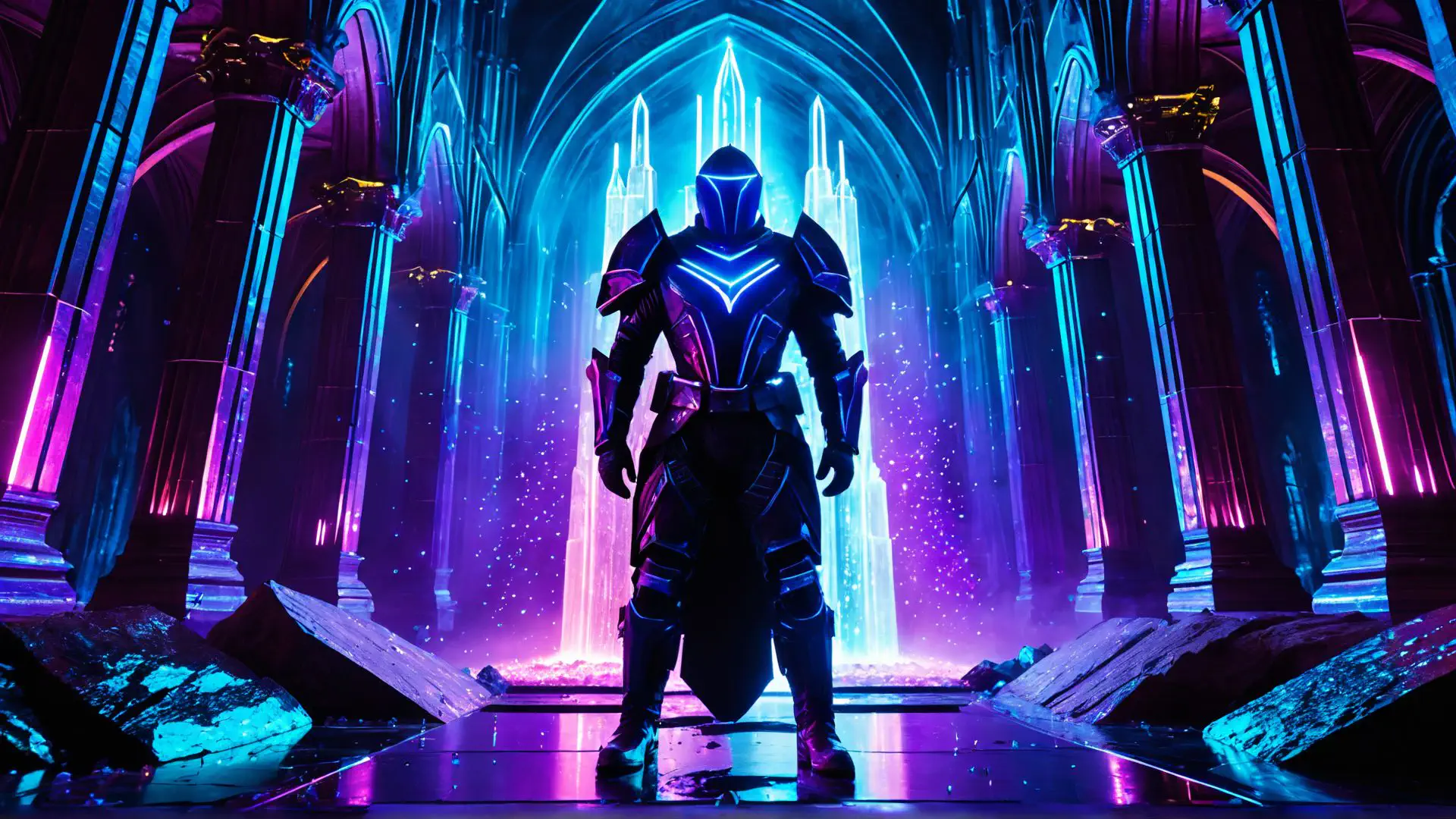 Futuristische ridder in neonverlichte gotische kathedraal