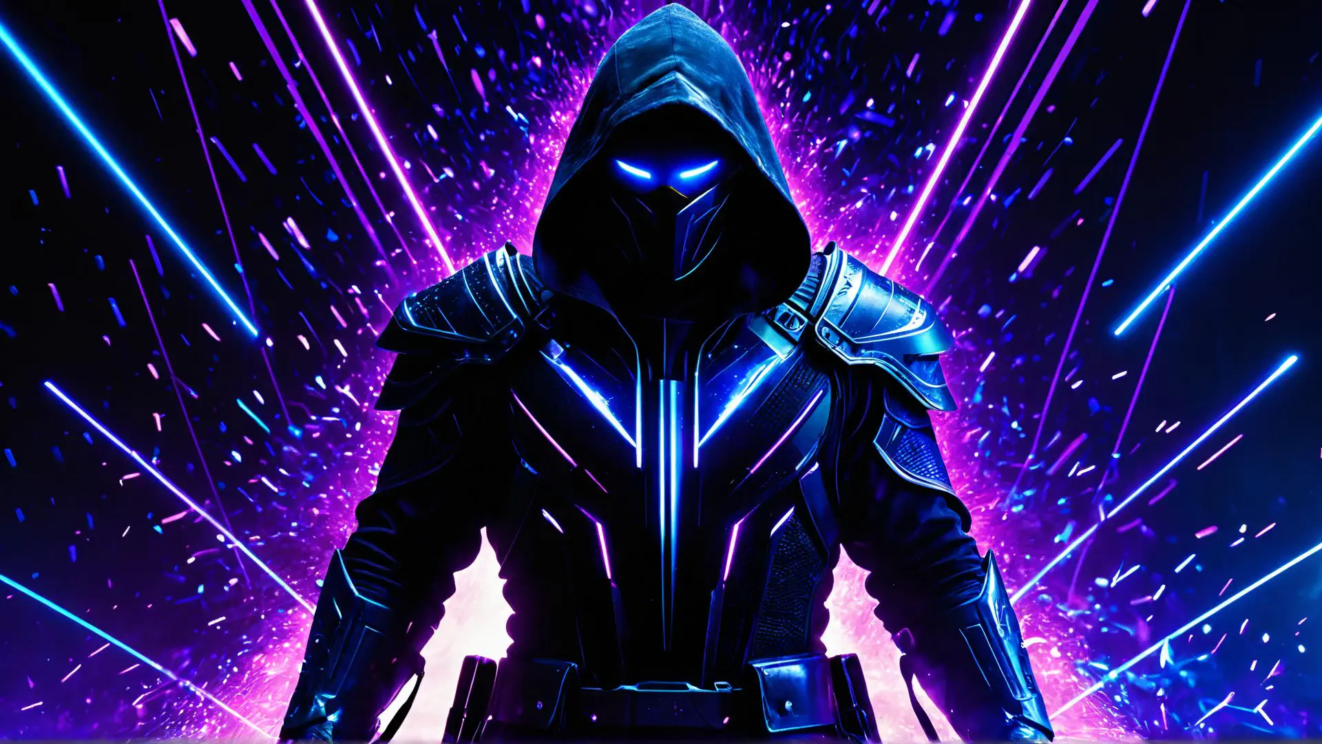 Futuristische cyberpunk krijger met neon effecten in paars en blauw