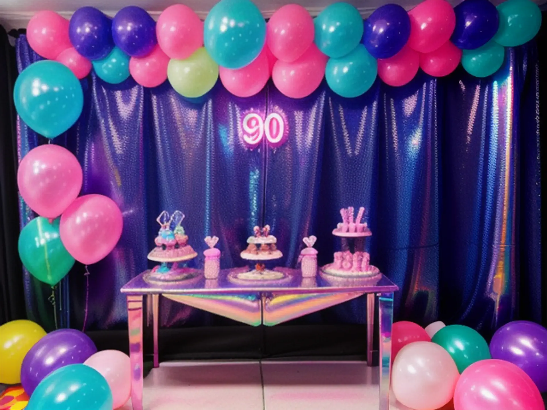 Kleurrijke 90e verjaardag decoratie met ballonnen en taarttafel setup