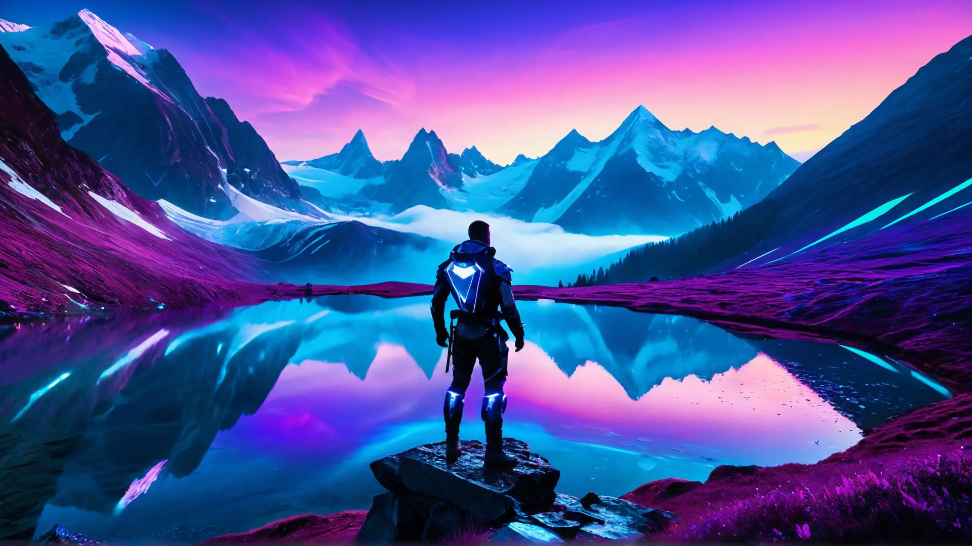Futuristisch berglandschap met neon kleuren en spiegelend bergmeer