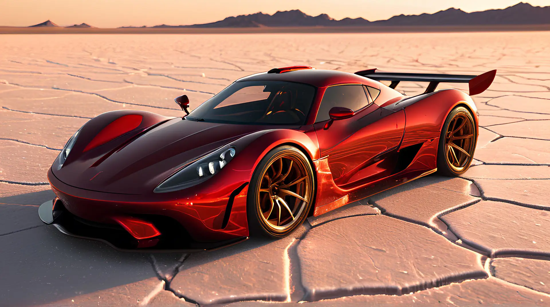 Vuurrode Hypercar op Uitgestrekte Zoutvlakte bij Zonsondergang 4K Wallpaper
