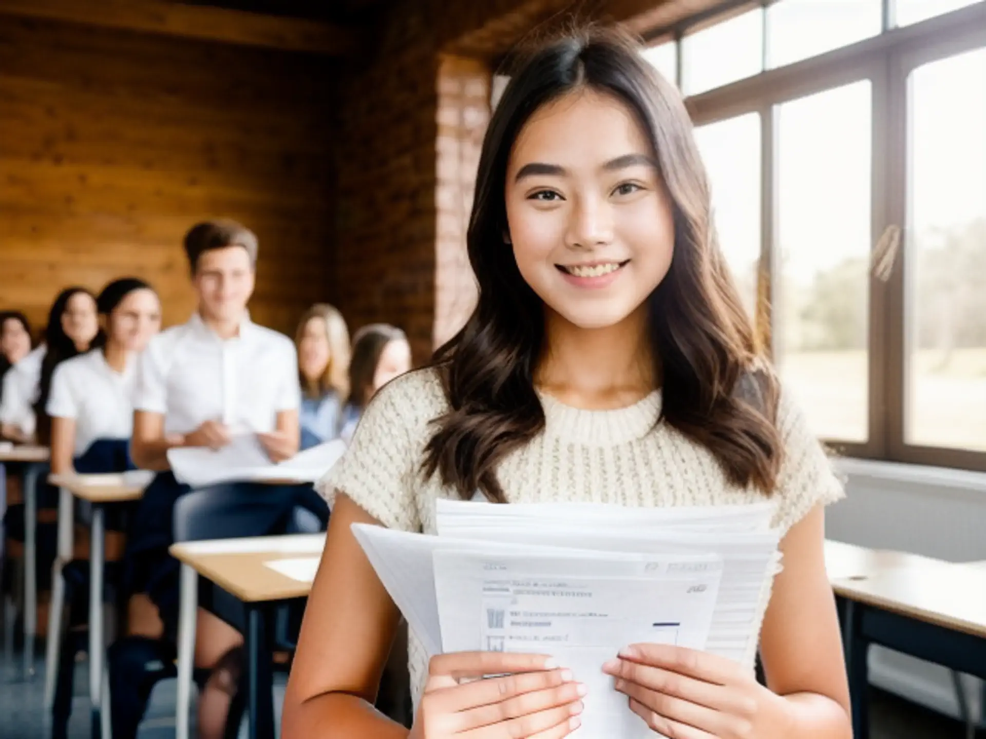 Positieve studiesfeer in modern klaslokaal met natuurlijk daglicht