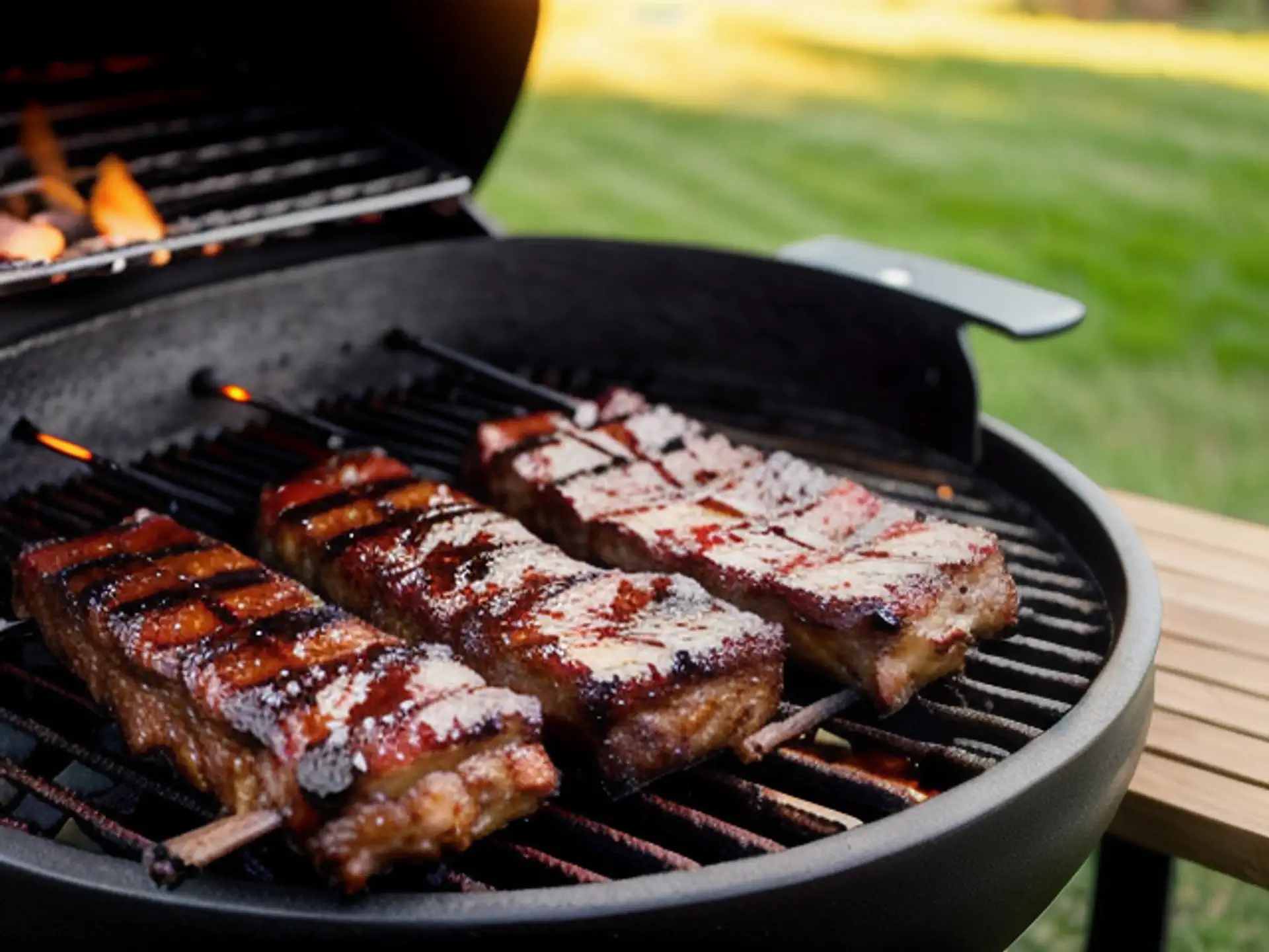 Sappige spareribs op de barbecue met glanzende BBQ-saus in de tuin