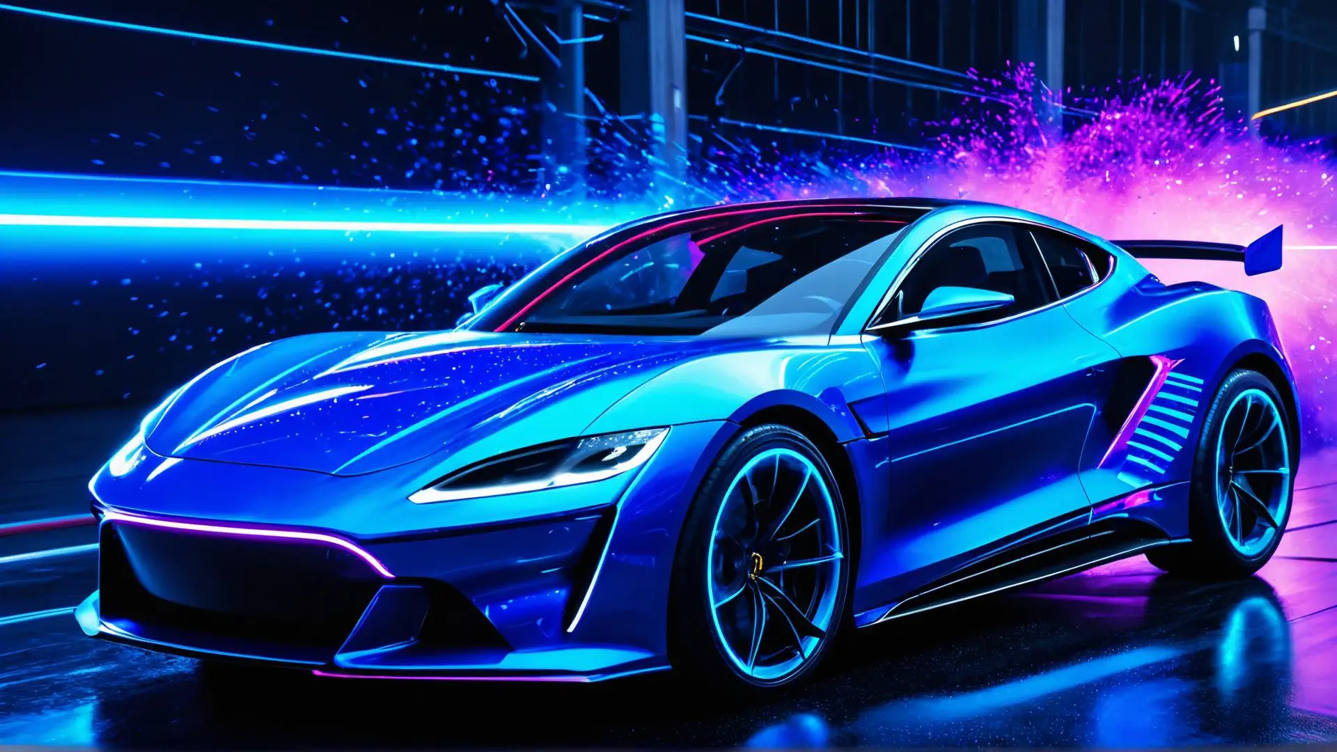 Futuristische sportwagen in neon blauw met spectaculaire lichteffecten