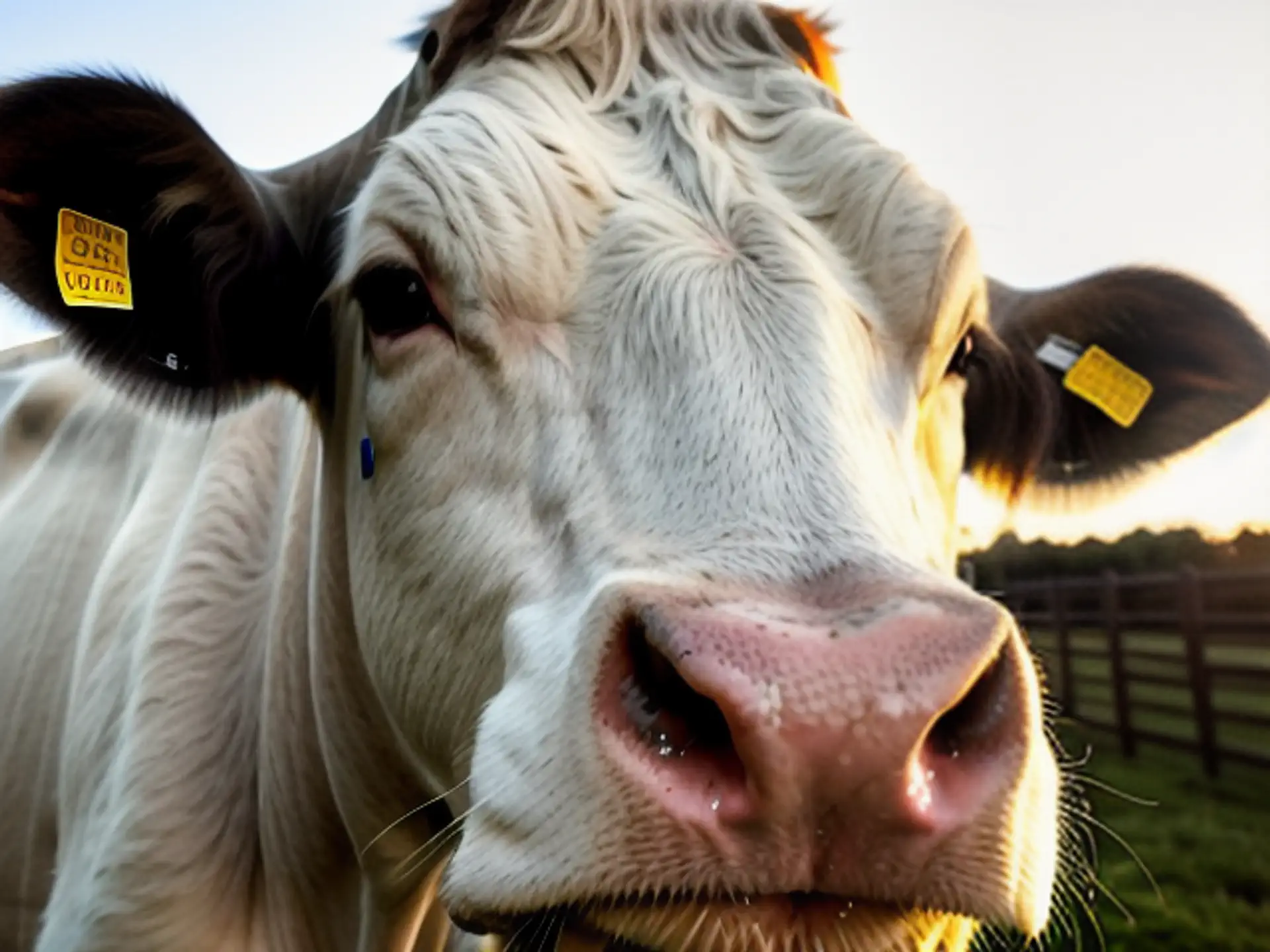 Close-up portret van nieuwsgierige melkkoe tijdens zonsondergang