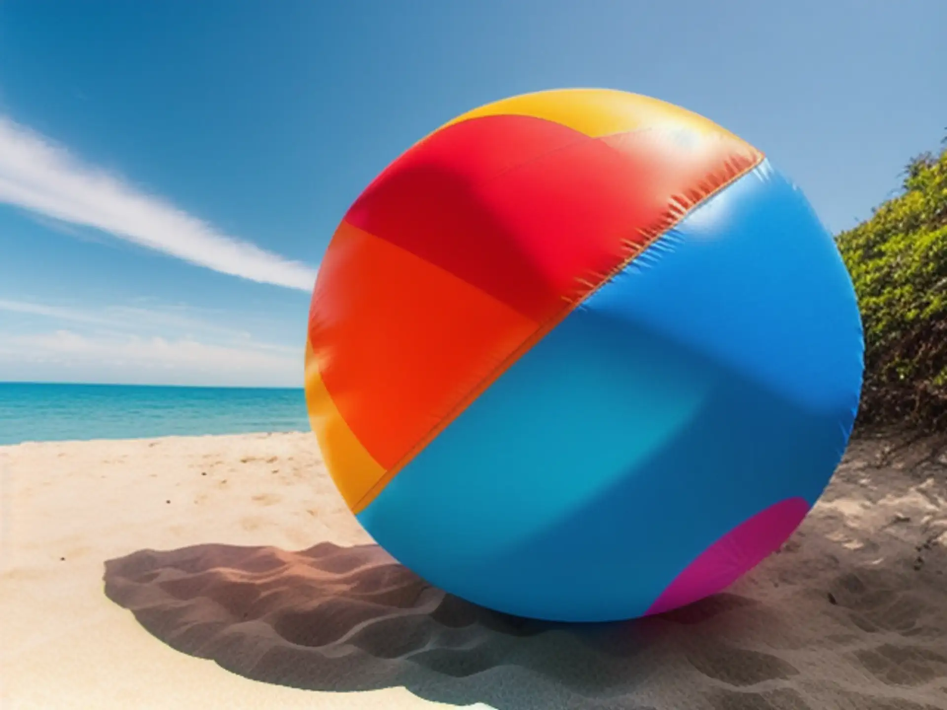 Kleurrijke strandbal op tropisch strand met azuurblauwe zee en hemel