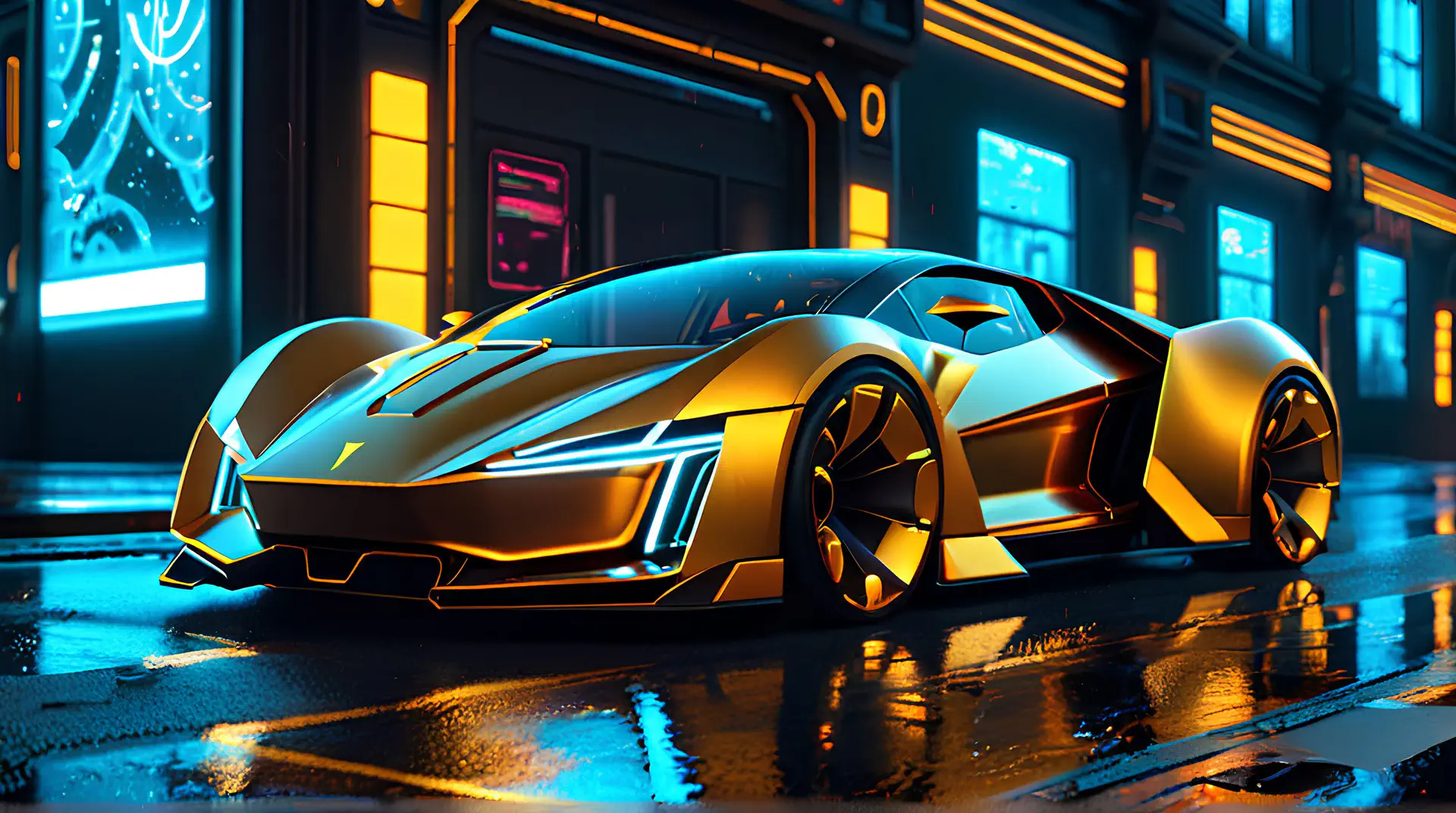 Gouden Futuristische Supercar in Cyberpunk Setting 4K Wallpaper