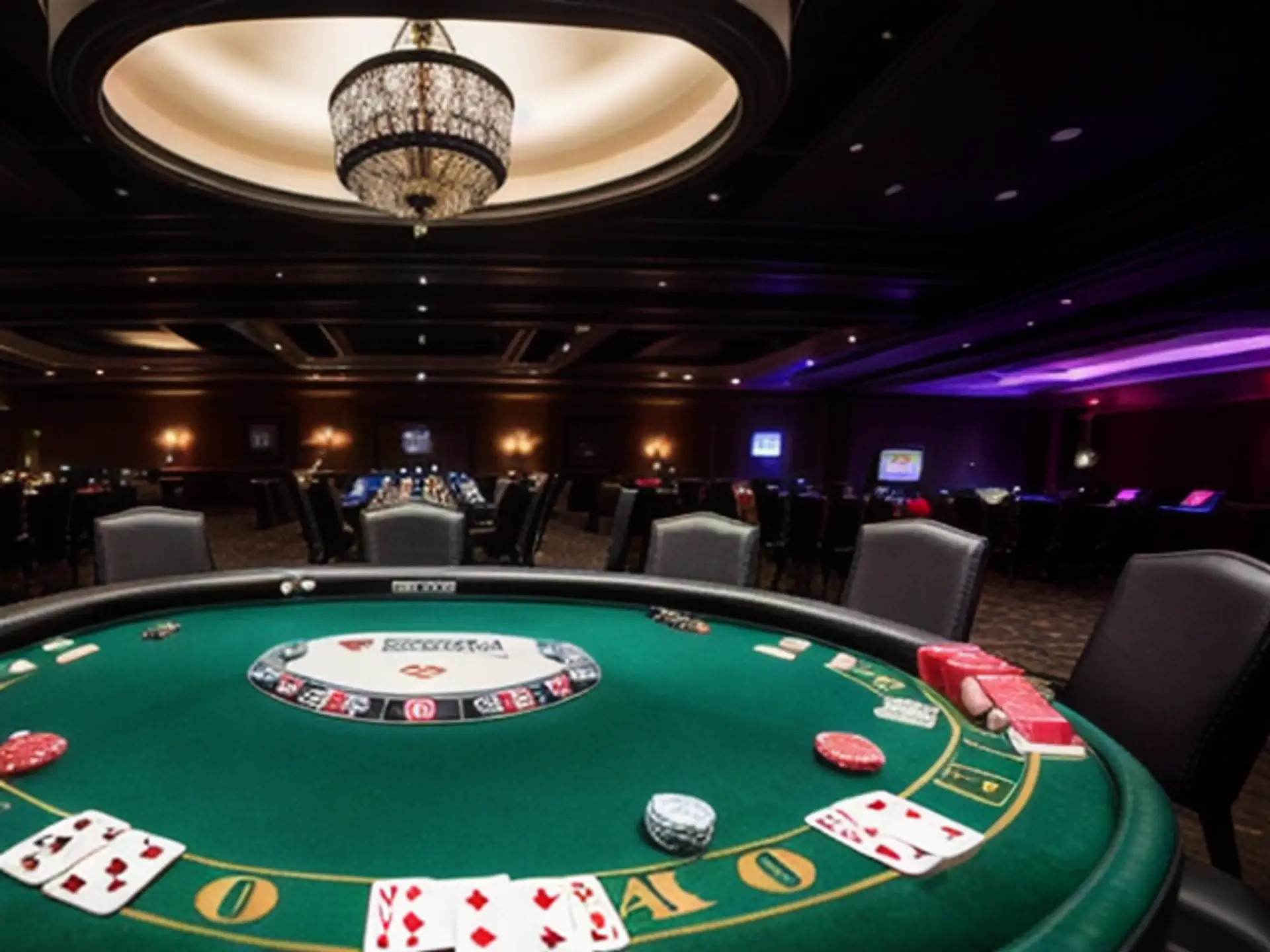 Luxe pokertafel in stijlvolle casino zaal met kristallen kroonluchter