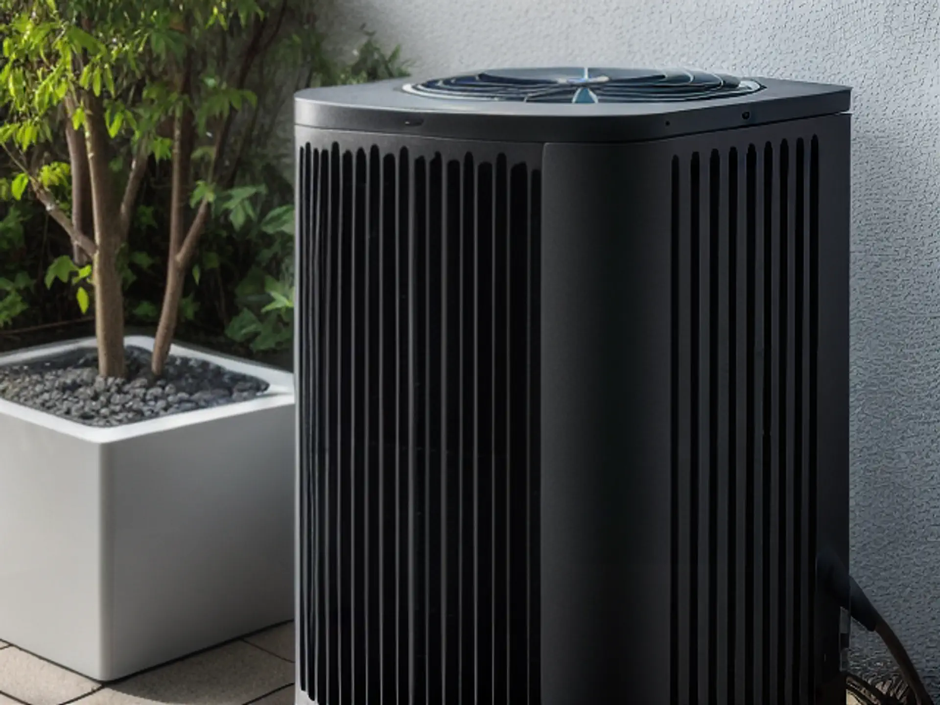 Moderne zwarte warmtepomp buitenunit in strakke designtuin