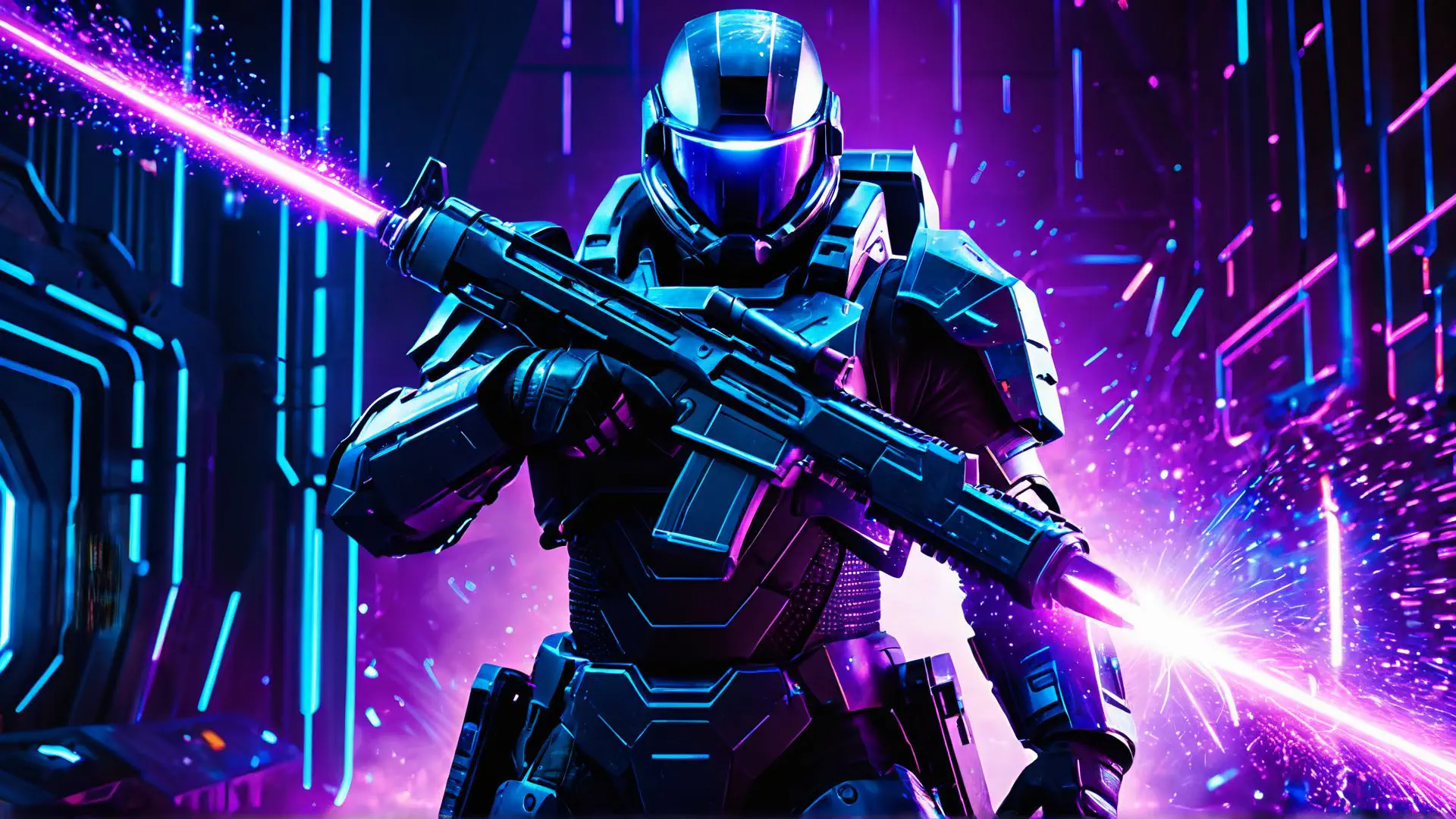 Futuristische gevechtsrobot in neon cyberpunk omgeving met wapen