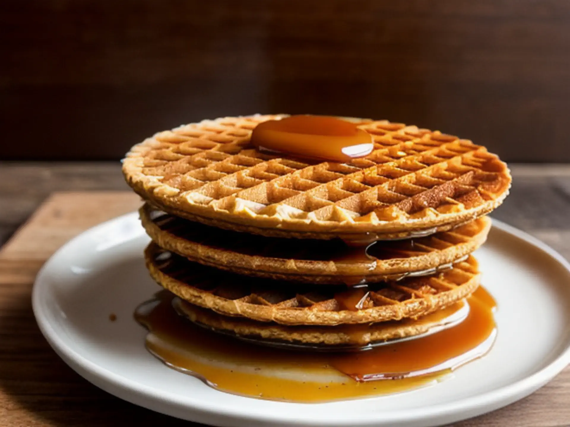 Gestapelde stroopwafels met goudbruine karamel op wit bord - close-up