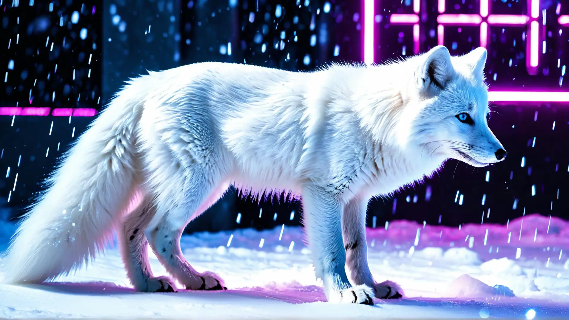 Mysterieuze poolvos in neonverlicht winterlandschap met sneeuwval