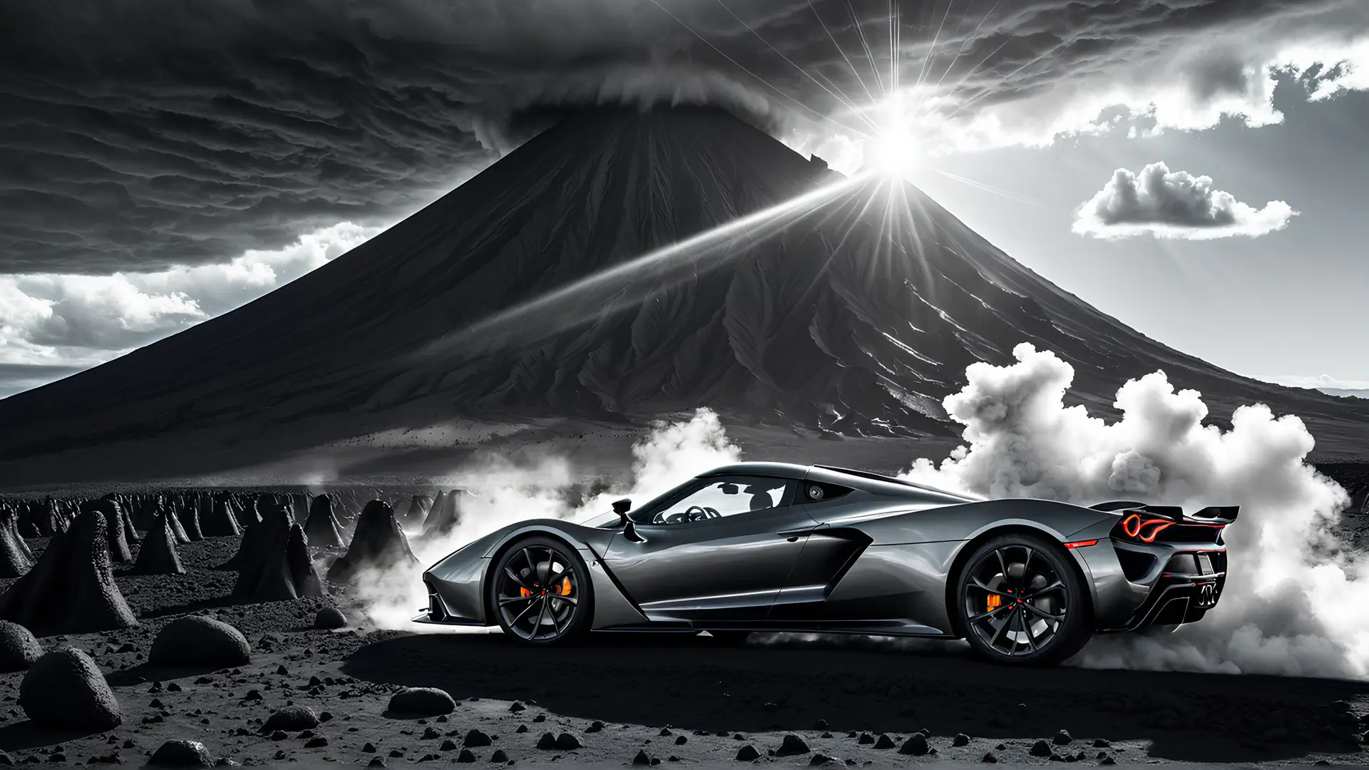 Zilvergrijze Hypercar met Rode Accenten voor Majestueuze Vulkaan in Zwart-Wit