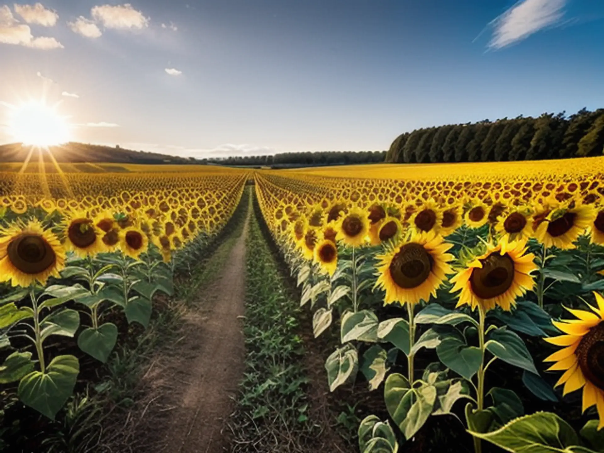 Zonsondergang over uitgestrekt Nederlands zonnebloemenveld met landweg