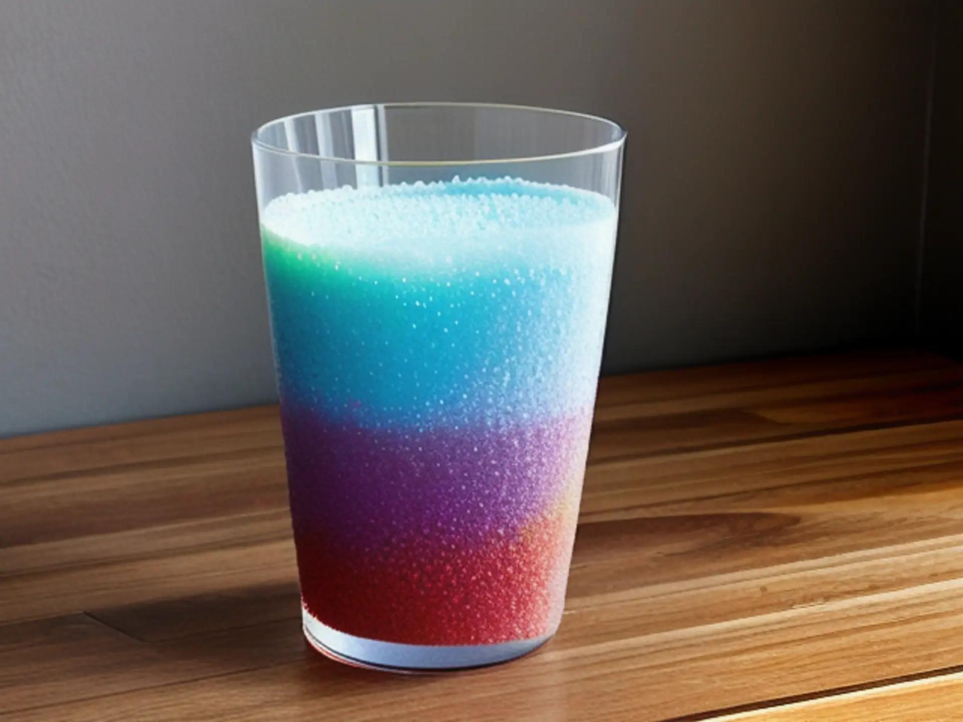 Kleurrijke gelaagde cocktail met regenboogeffect op houten tafel