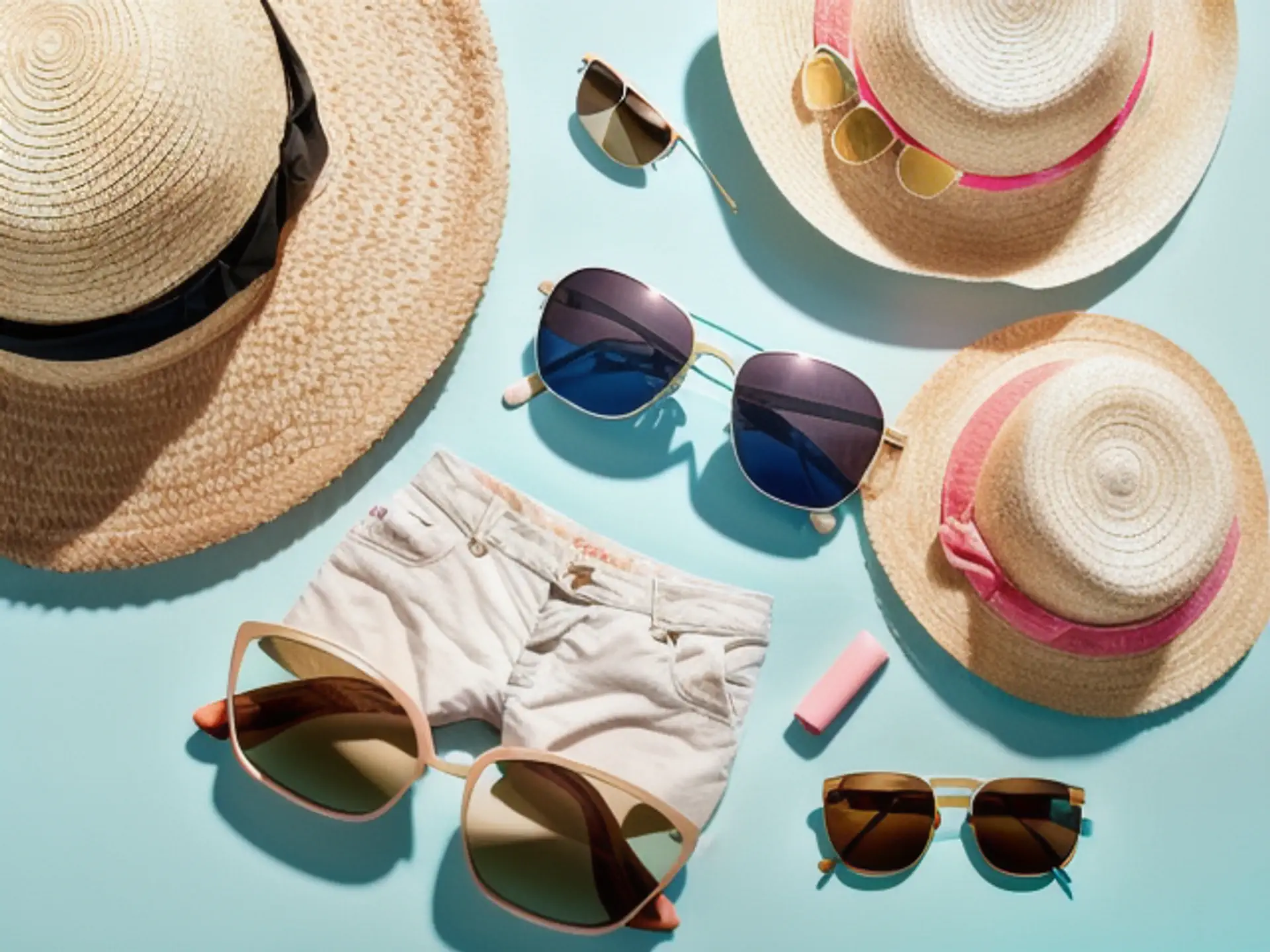 Trendy zomermode accessoires met strohoed en zonnebrillen