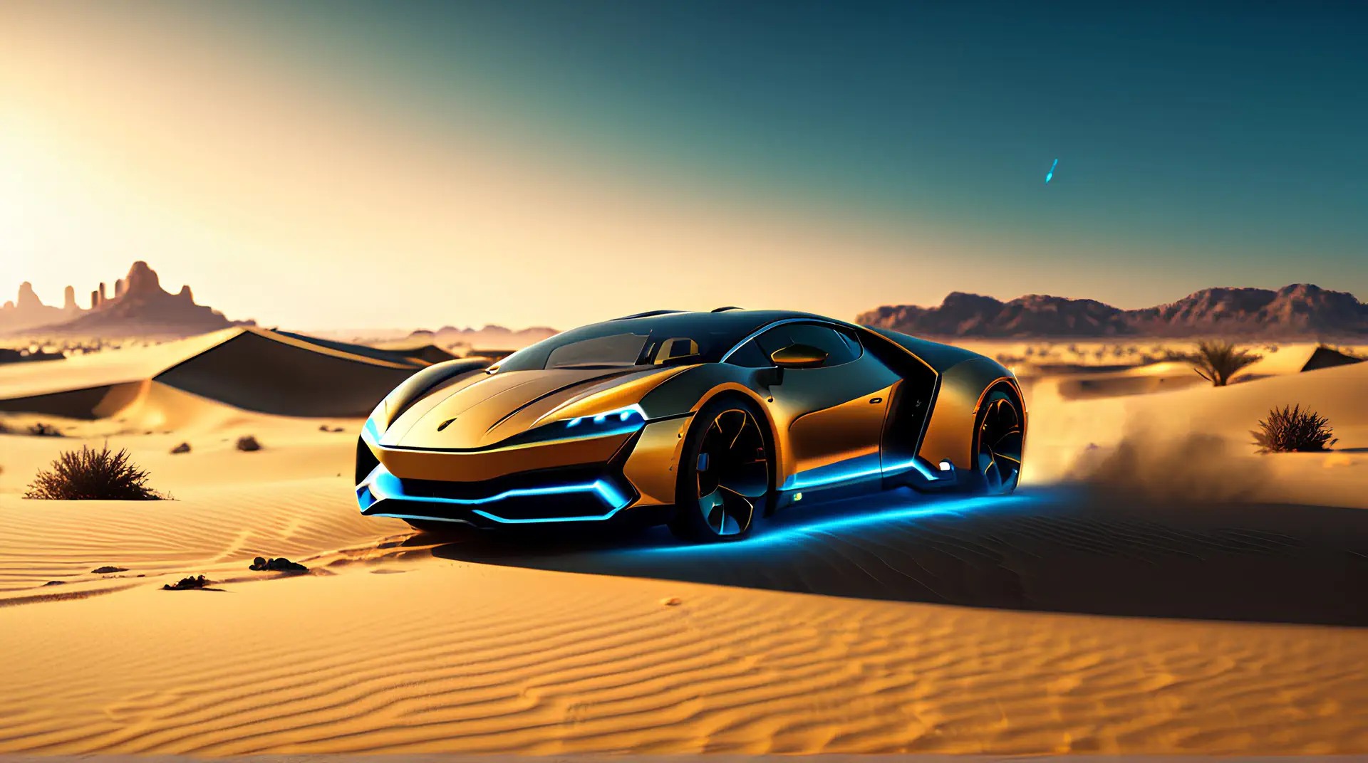 Gouden Hypercar in Woestijnlandschap bij Zonsondergang 4K Wallpaper