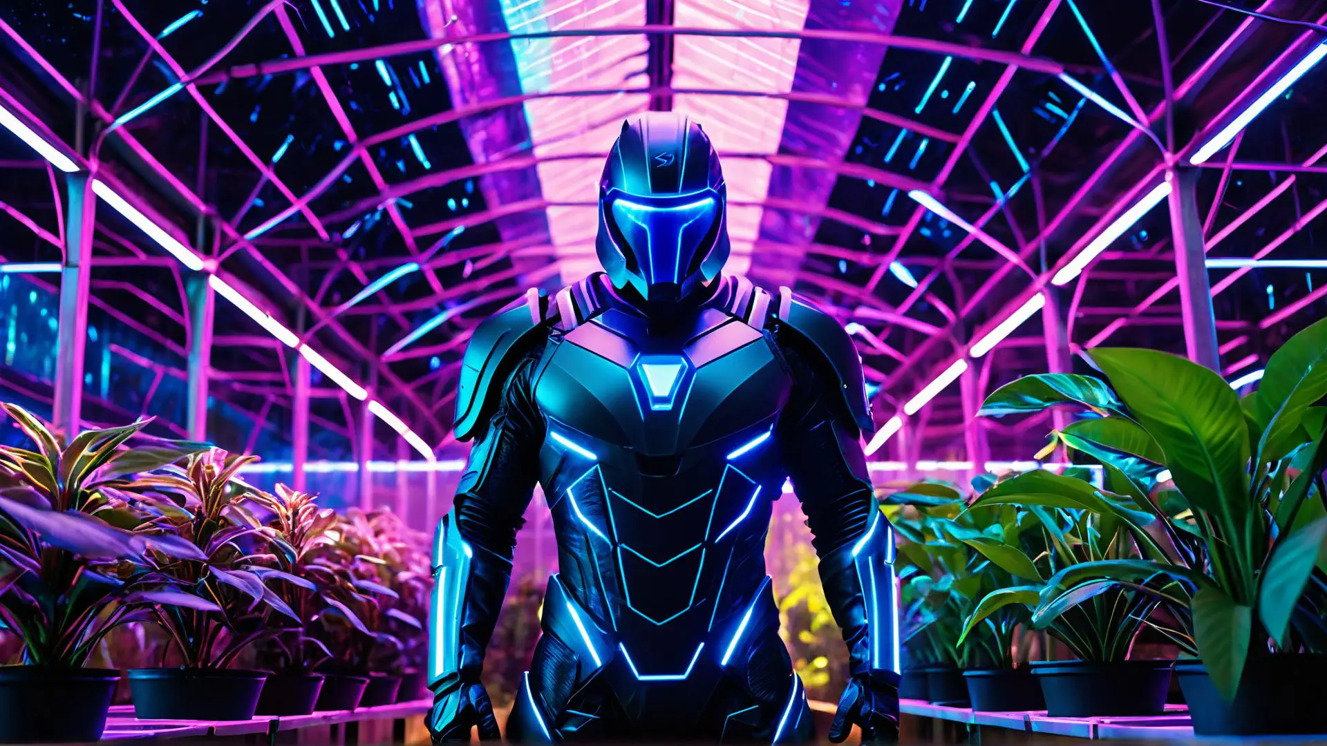 Futuristisch robotharnas in neon verlichte kas met tropische planten