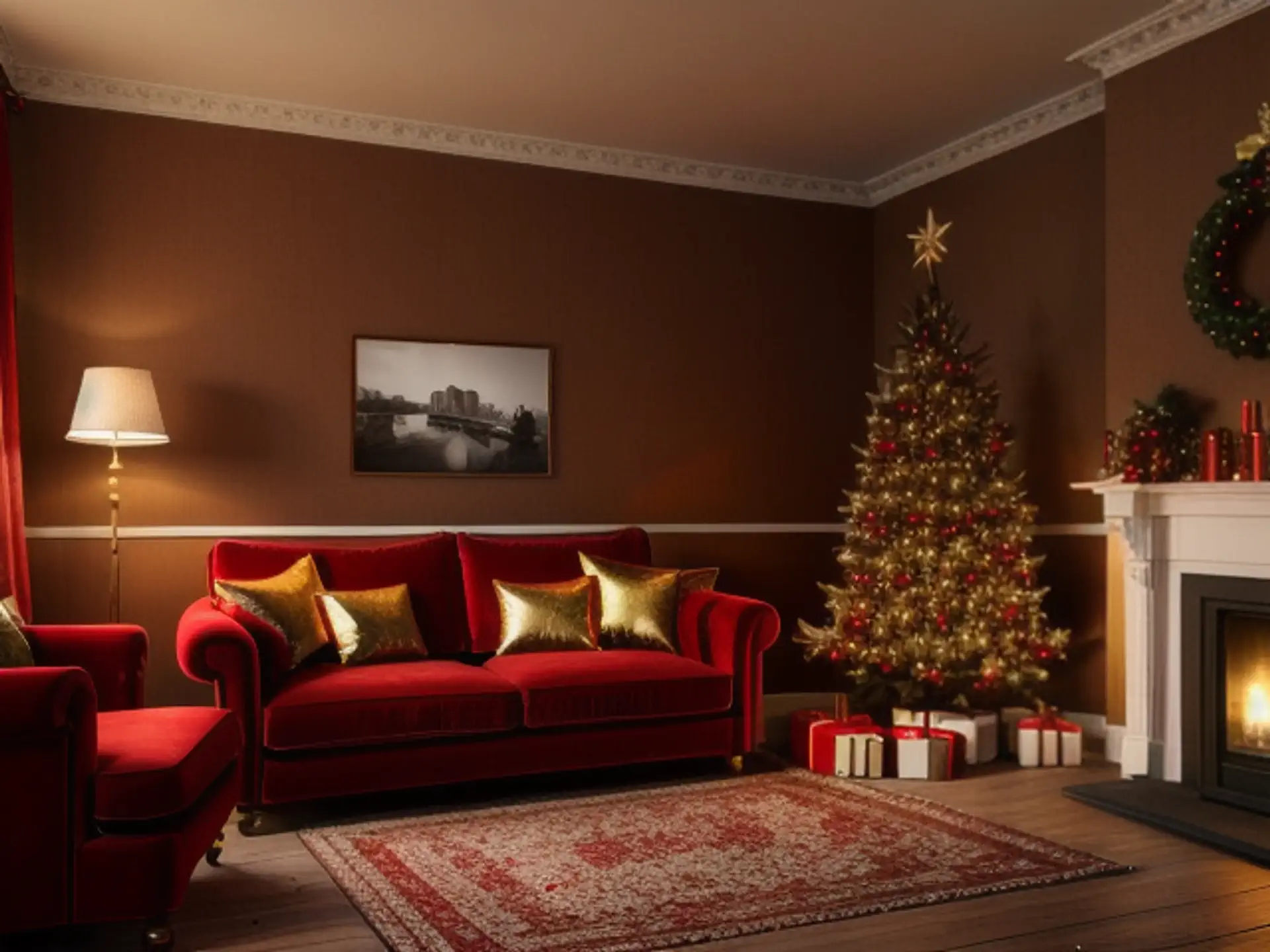 Luxe kerstinterieur met rode fluwelen bank en versierde kerstboom
