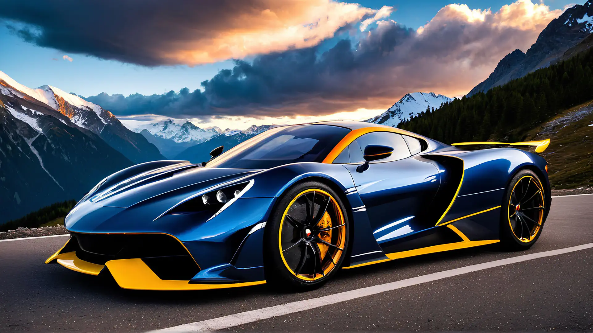 Blauwe Sportwagen met Gele Accenten in Bergpas Wallpaper 4K