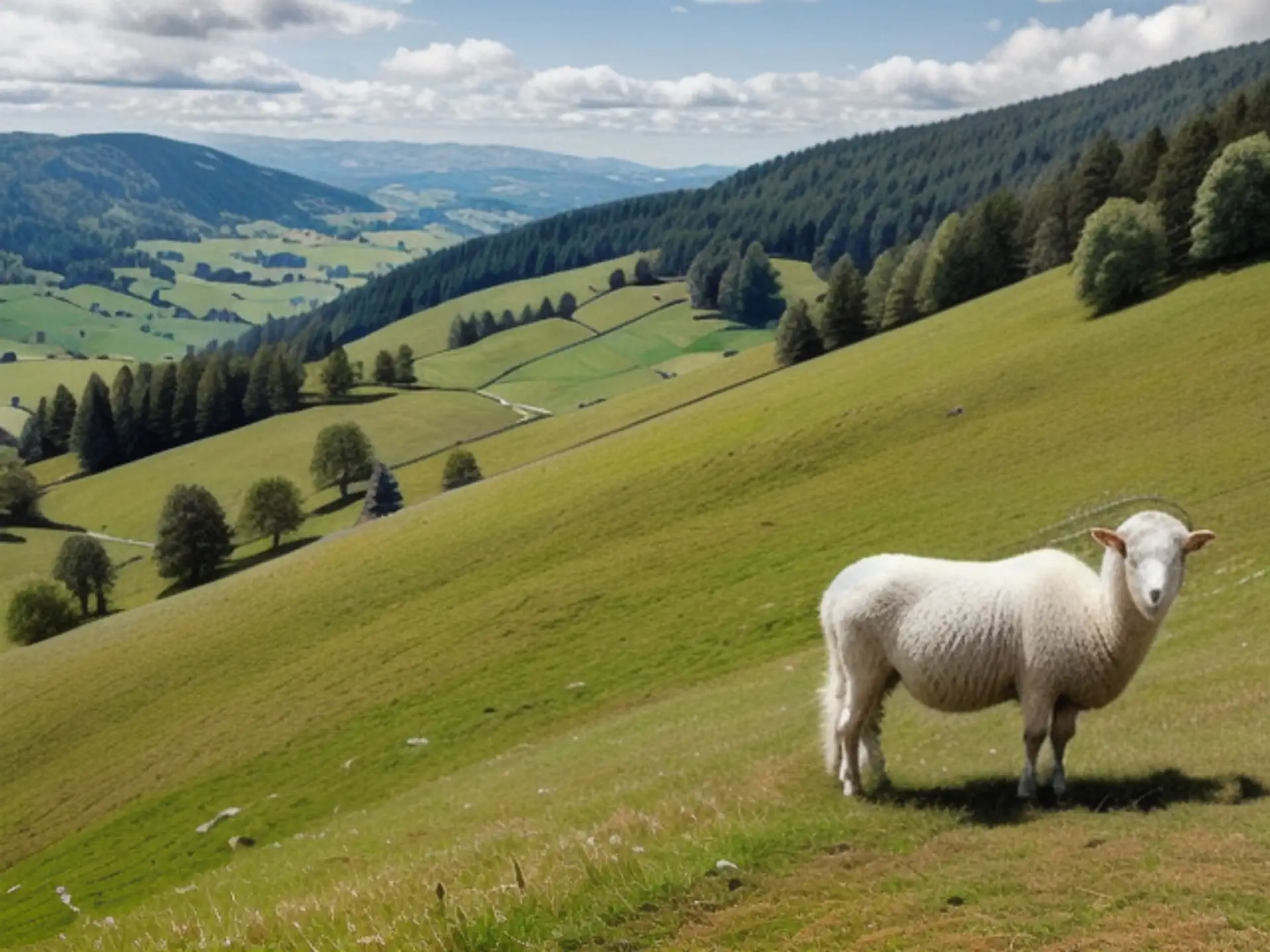 Schaap in berglandschap met uitzicht over groene valleien Zwarte Woud