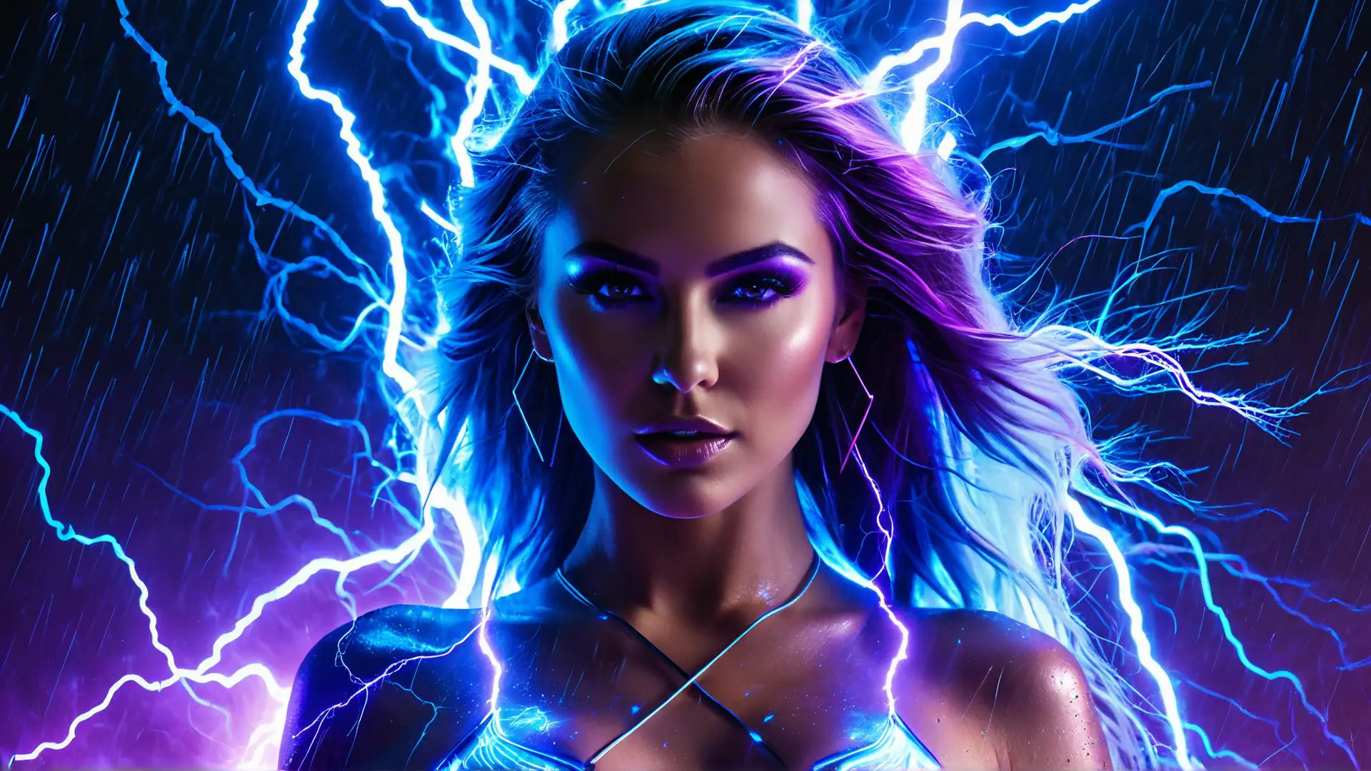 Futuristische portretfoto met neon bliksem en paarse lichteffecten