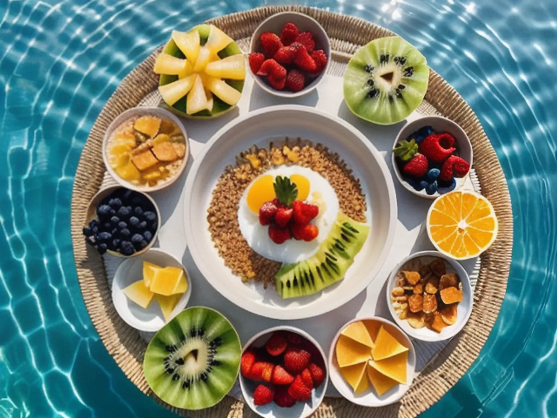 Luxe ontbijtschaal met vers fruit en yoghurt bij zwembad in zomerse