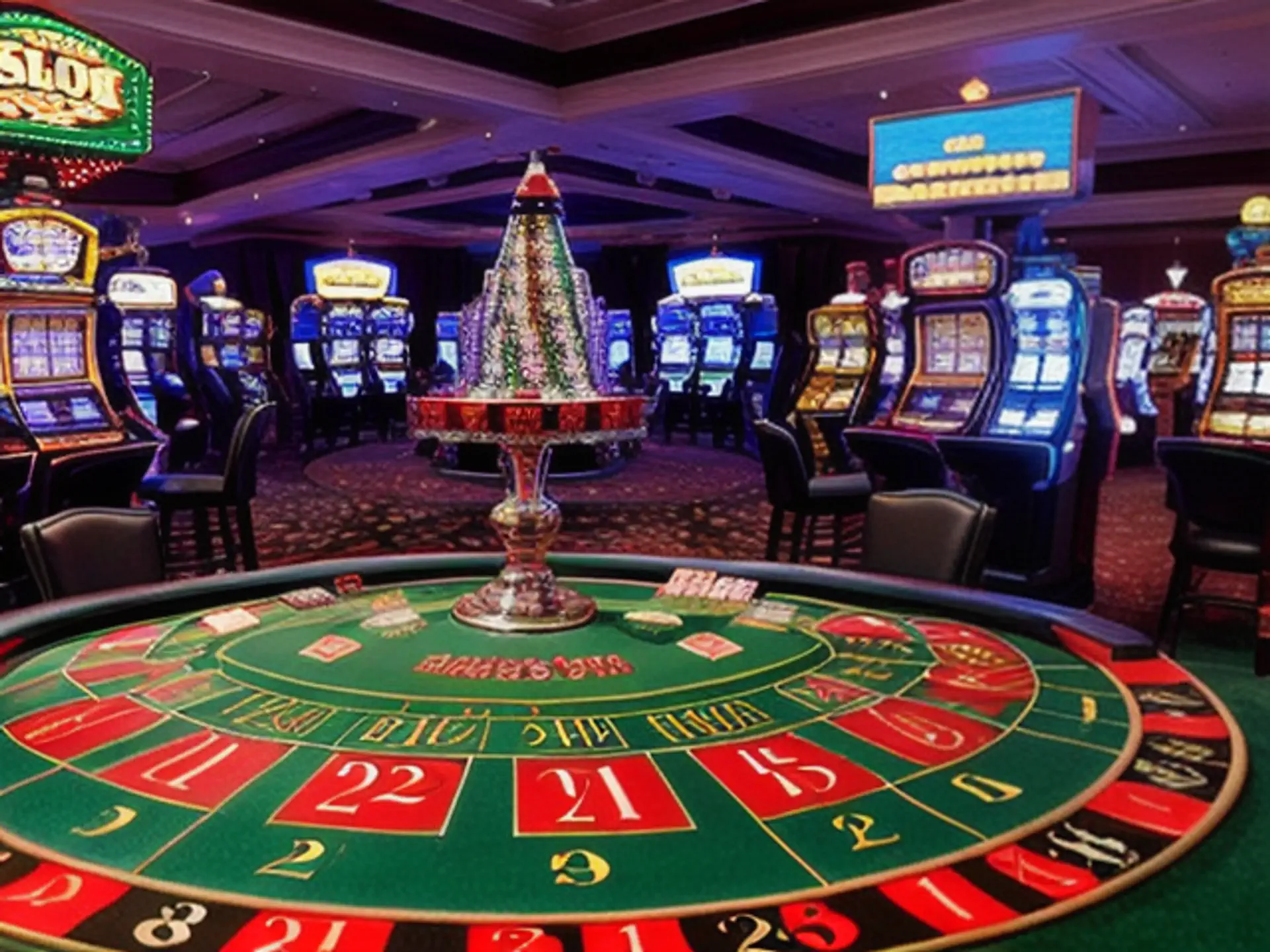 Luxe casino interieur met roulette tafel en speelautomaten in
