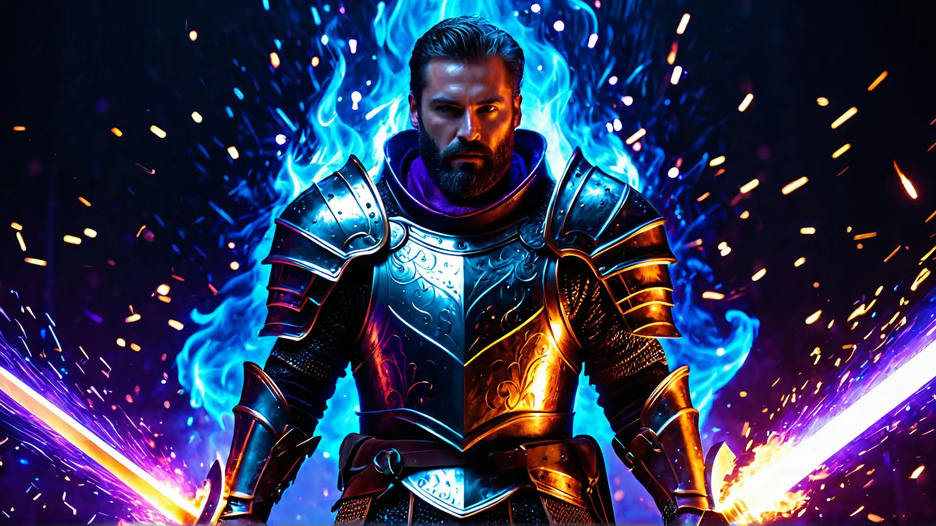 Epische fantasy ridder met magisch blauw vuur en mystieke harnas