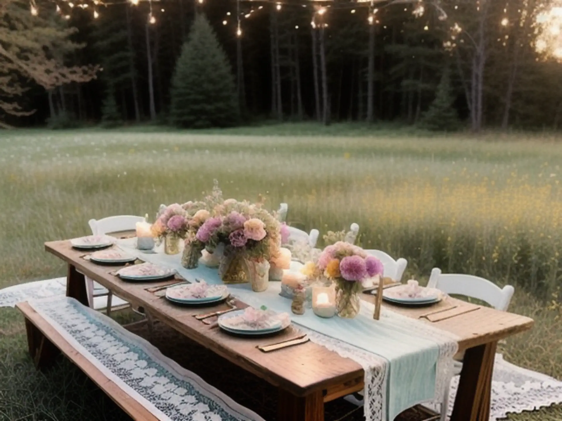 Romantische buitentafel met lichtjes en bloemen voor tuinfeest