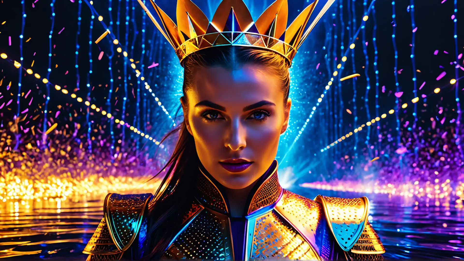 Magische fantasy portretfoto met gouden kroon en neonverlichting