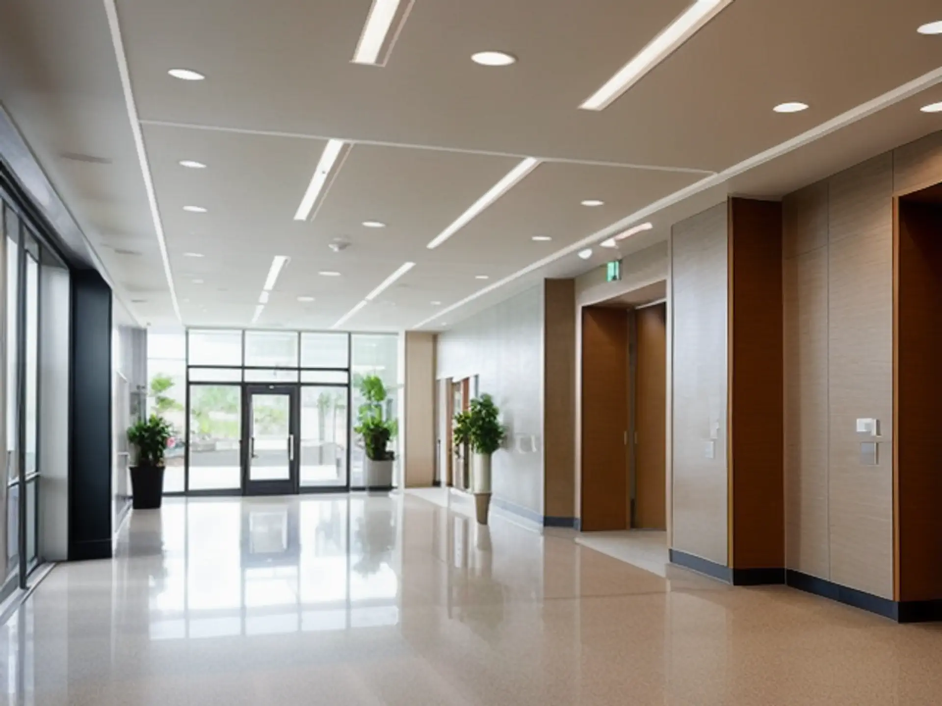 Moderne kantoorhal met strakke entree en natuurlijke lichtinval