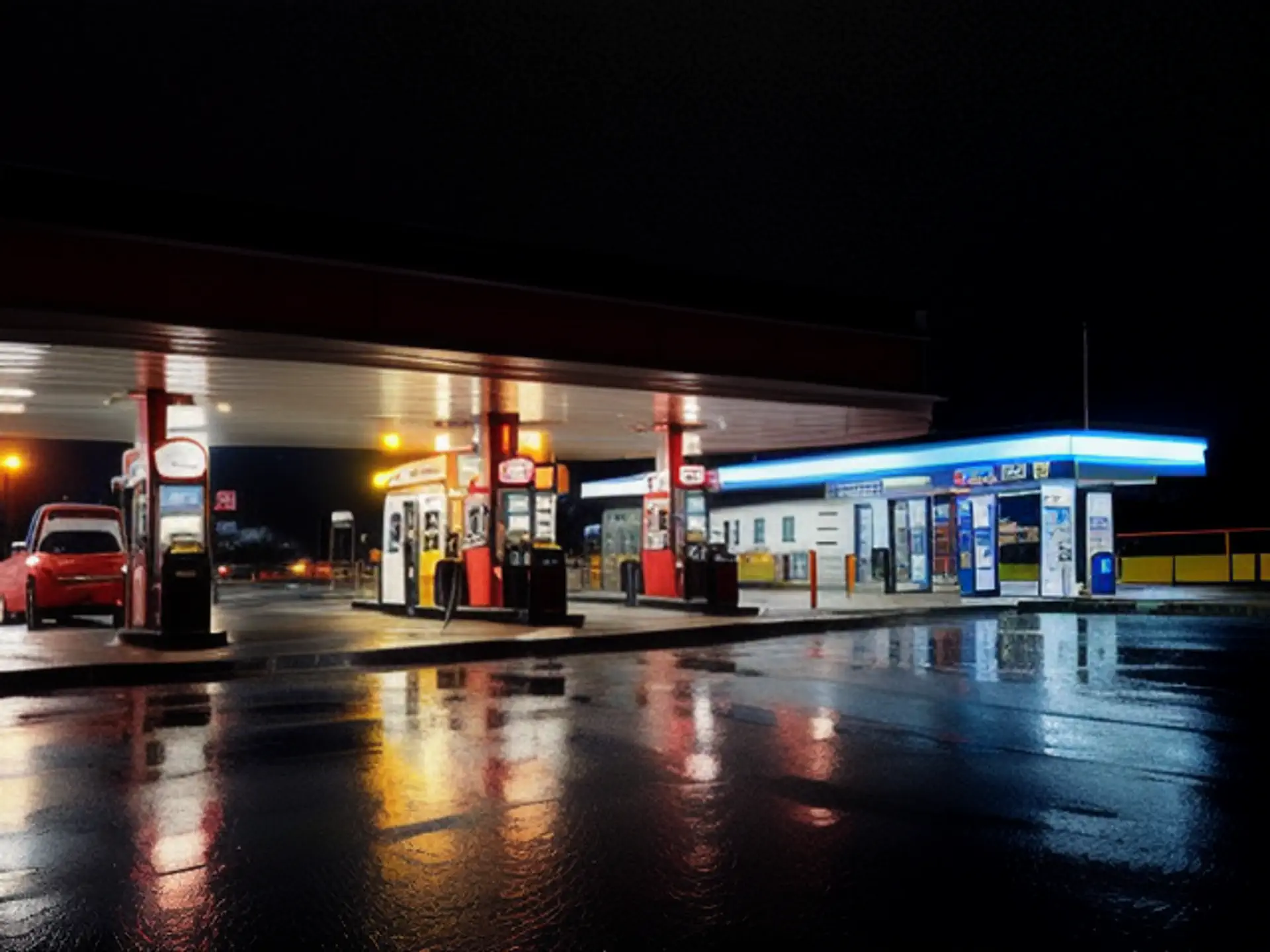Verlicht tankstation in regenachtige nacht met kleurrijke reflecties