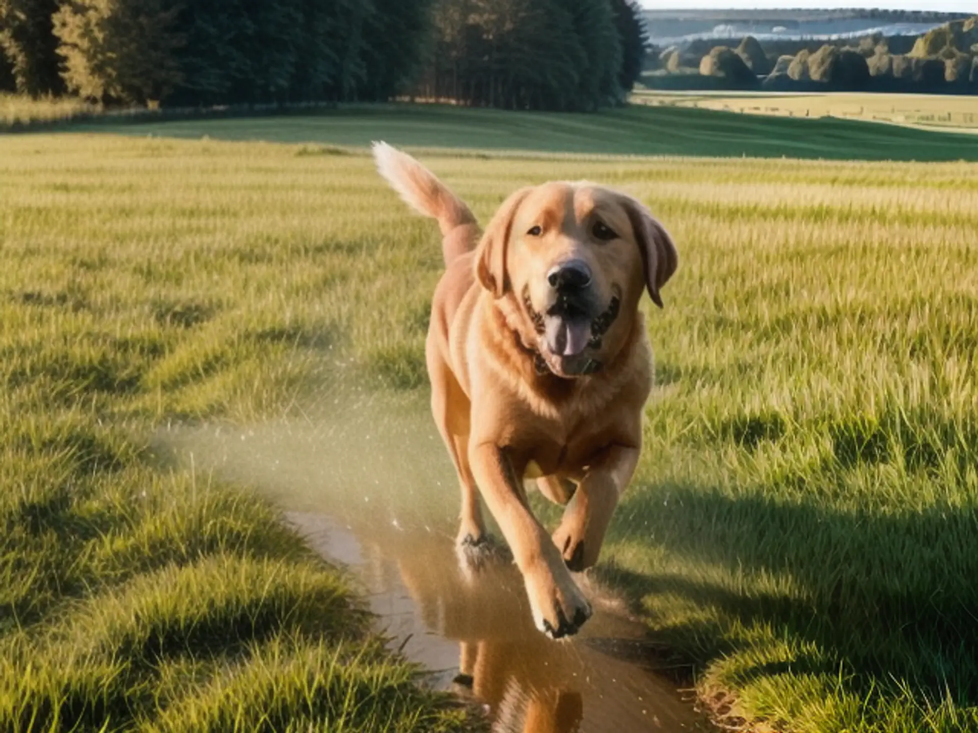 Vrolijke Labrador rent door zomers weiland tijdens gouden uurtje