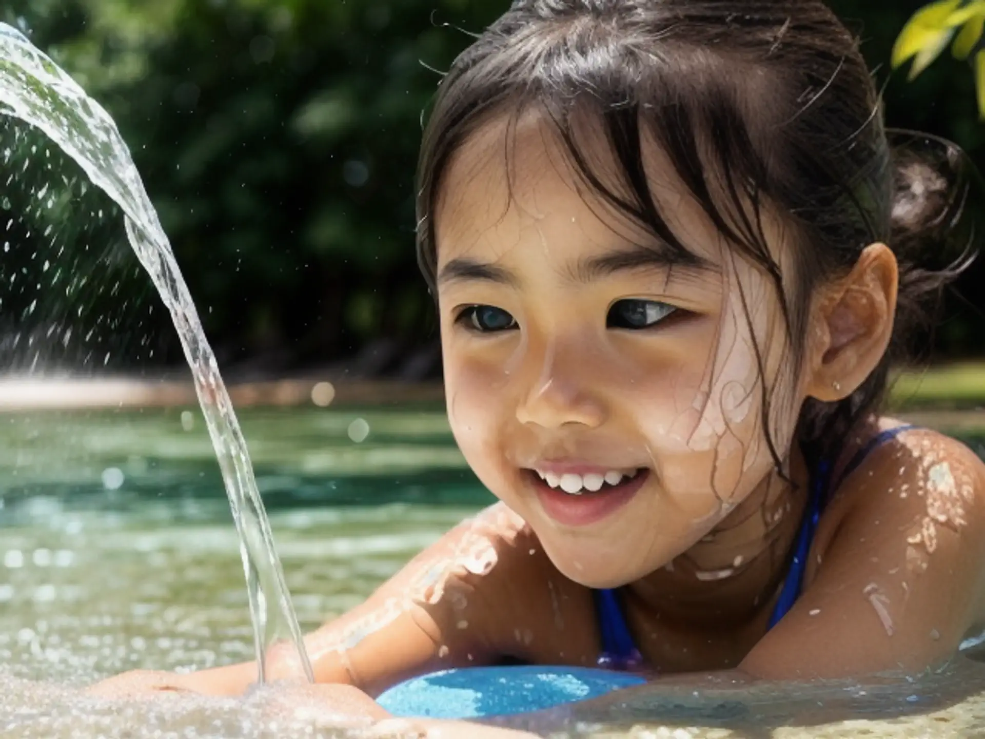 Zomers zwemplezier met waterstraal in buitenzwembad op warme dag