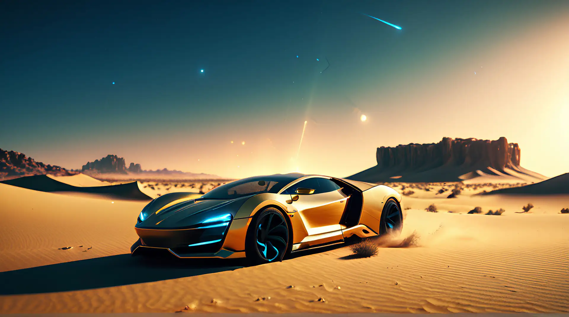 Futuristische Gouden Sportwagen in Woestijnzonsondergang 4K Wallpaper