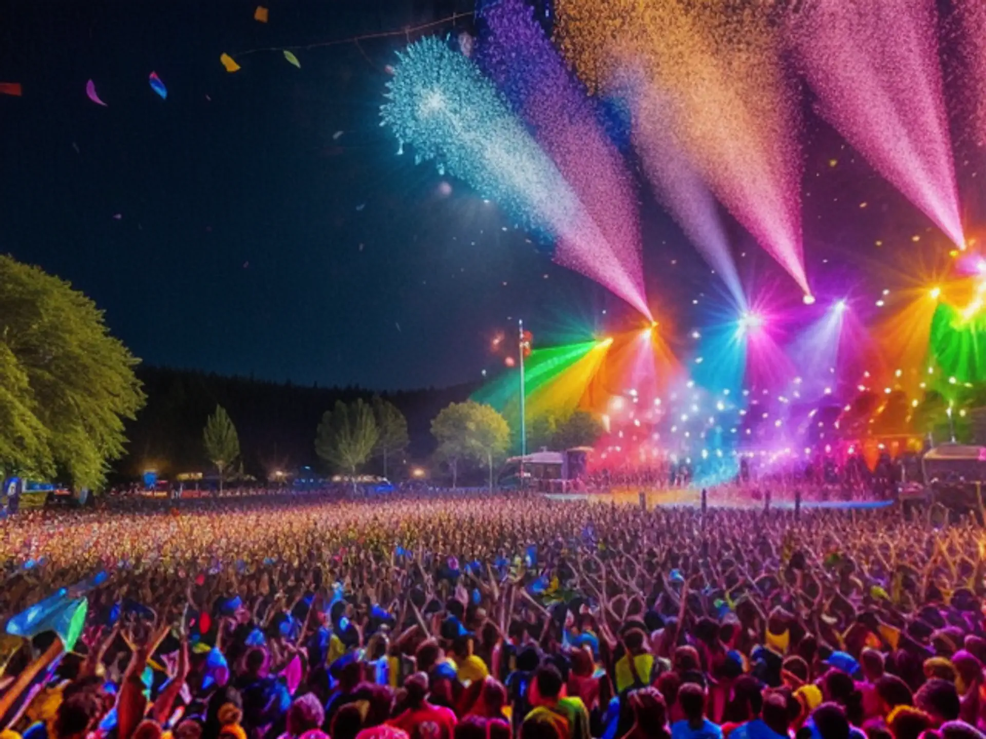 Spectaculaire lichtshow tijdens zomerfestival met kleurrijk vuurwerk