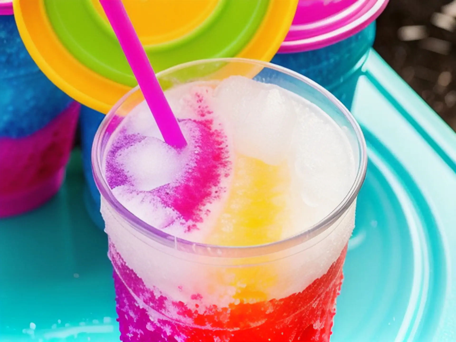 Kleurrijke zomerse slush puppy met regenboogkleuren en roze rietje