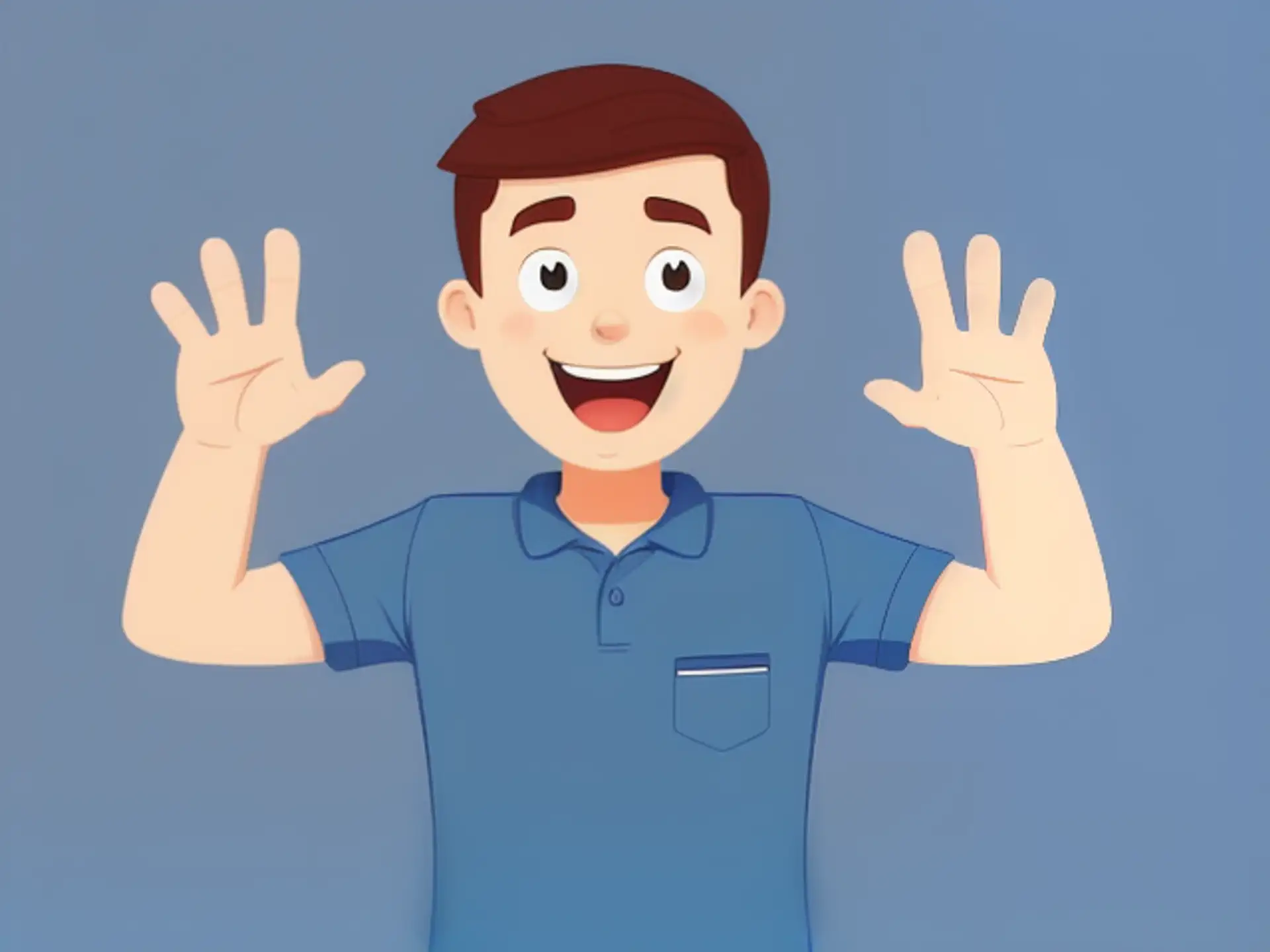 Vrolijke cartoon illustratie met enthousiast handgebaar in blauw