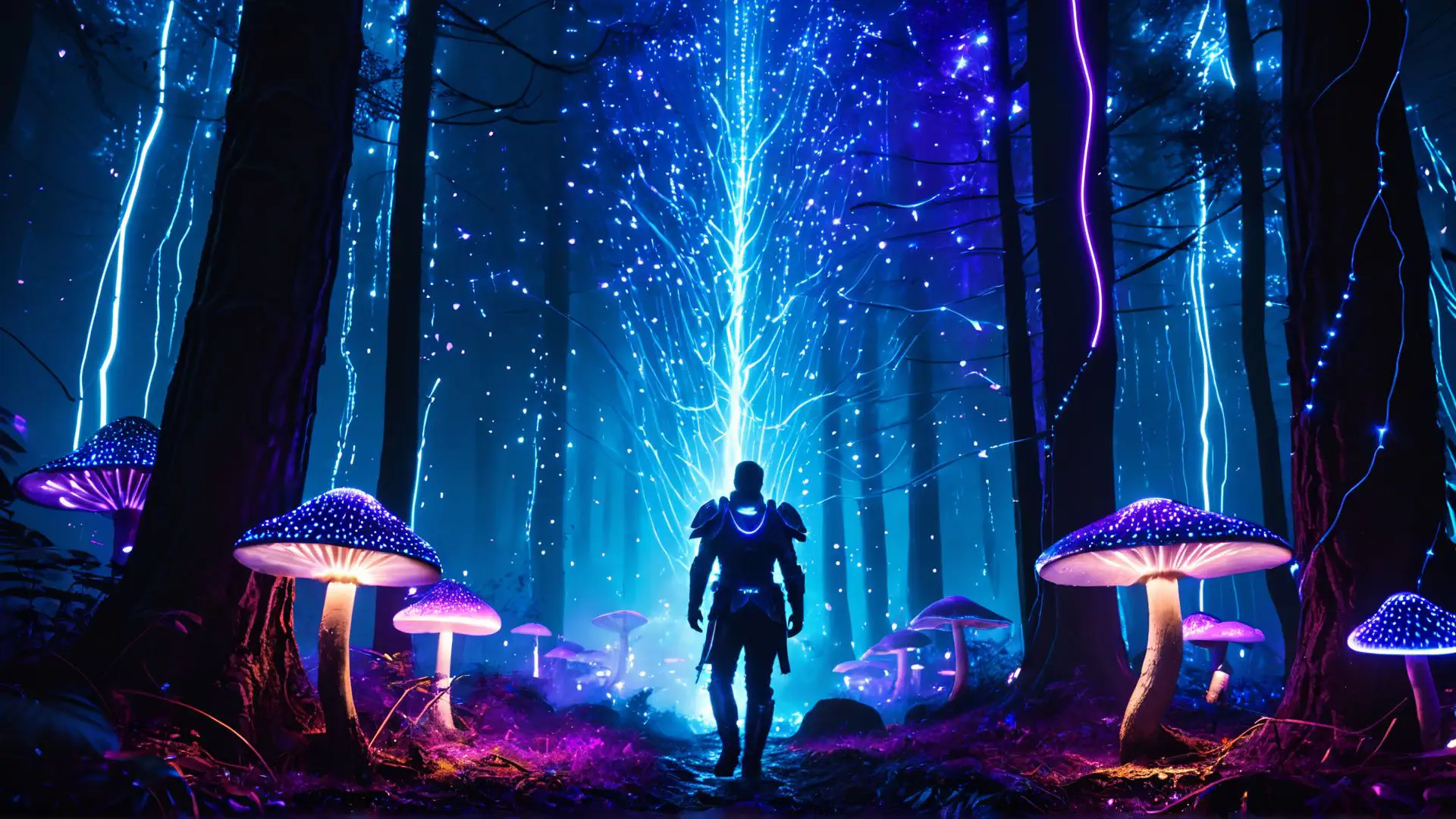 Magisch nachtbos met lichtgevende paddenstoelen en mysterieuze krijger