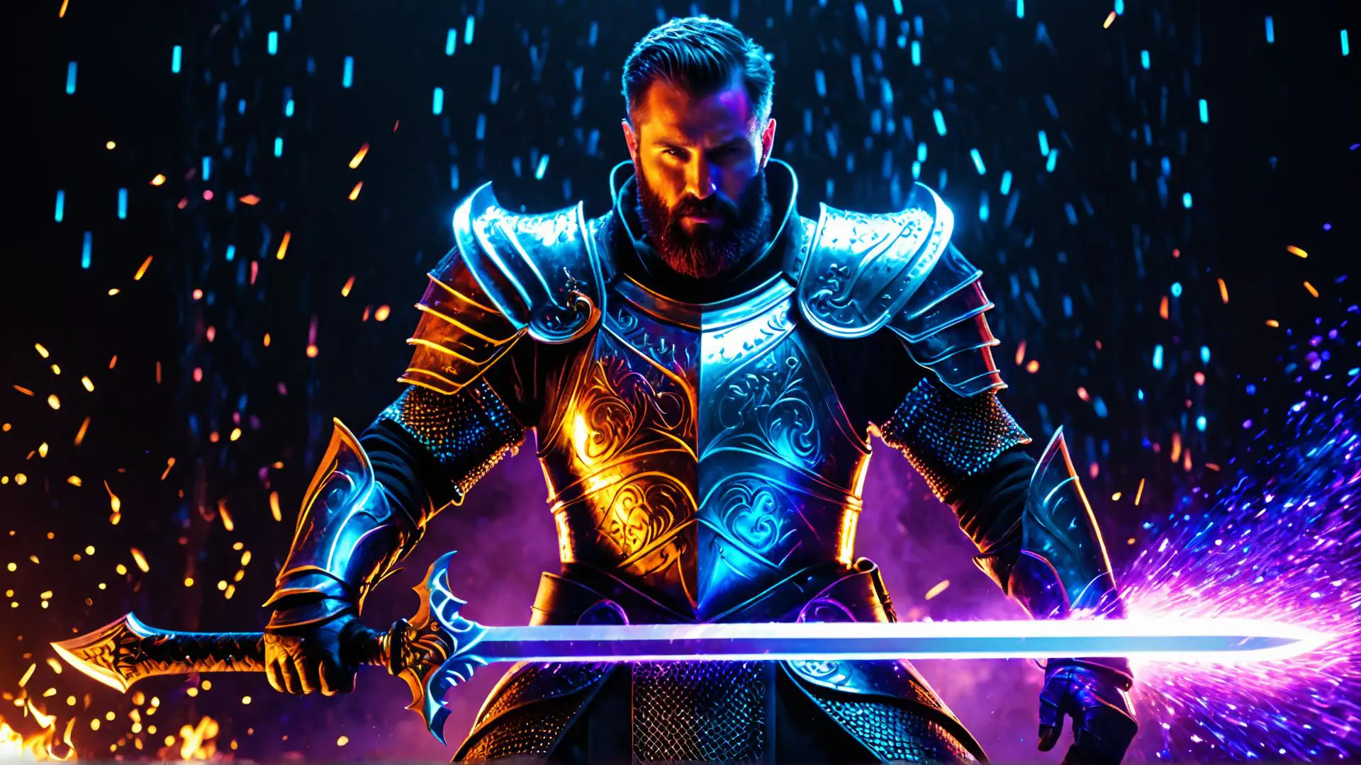 Epische fantasy krijger in magisch verlicht harnas met gloeiend zwaard