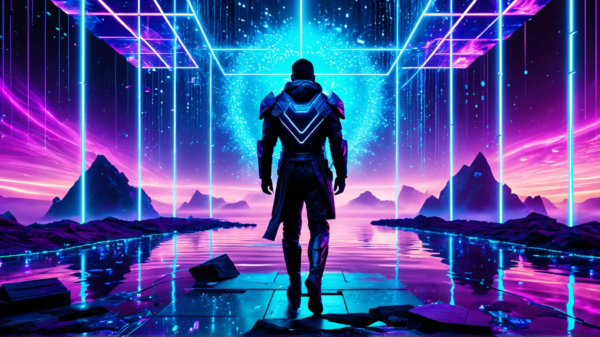 Futuristische neon fantasiewereld met cyberpunk krijger in paars licht