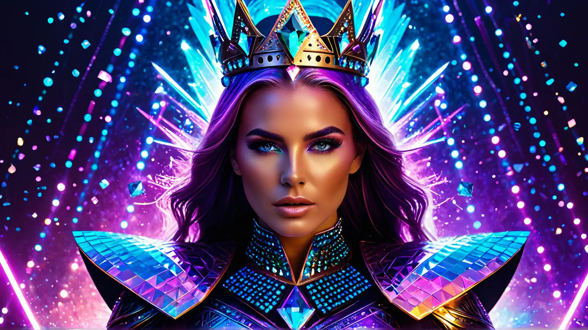 Futuristische koningin in neon fantasiewereld met kroon en kristallen