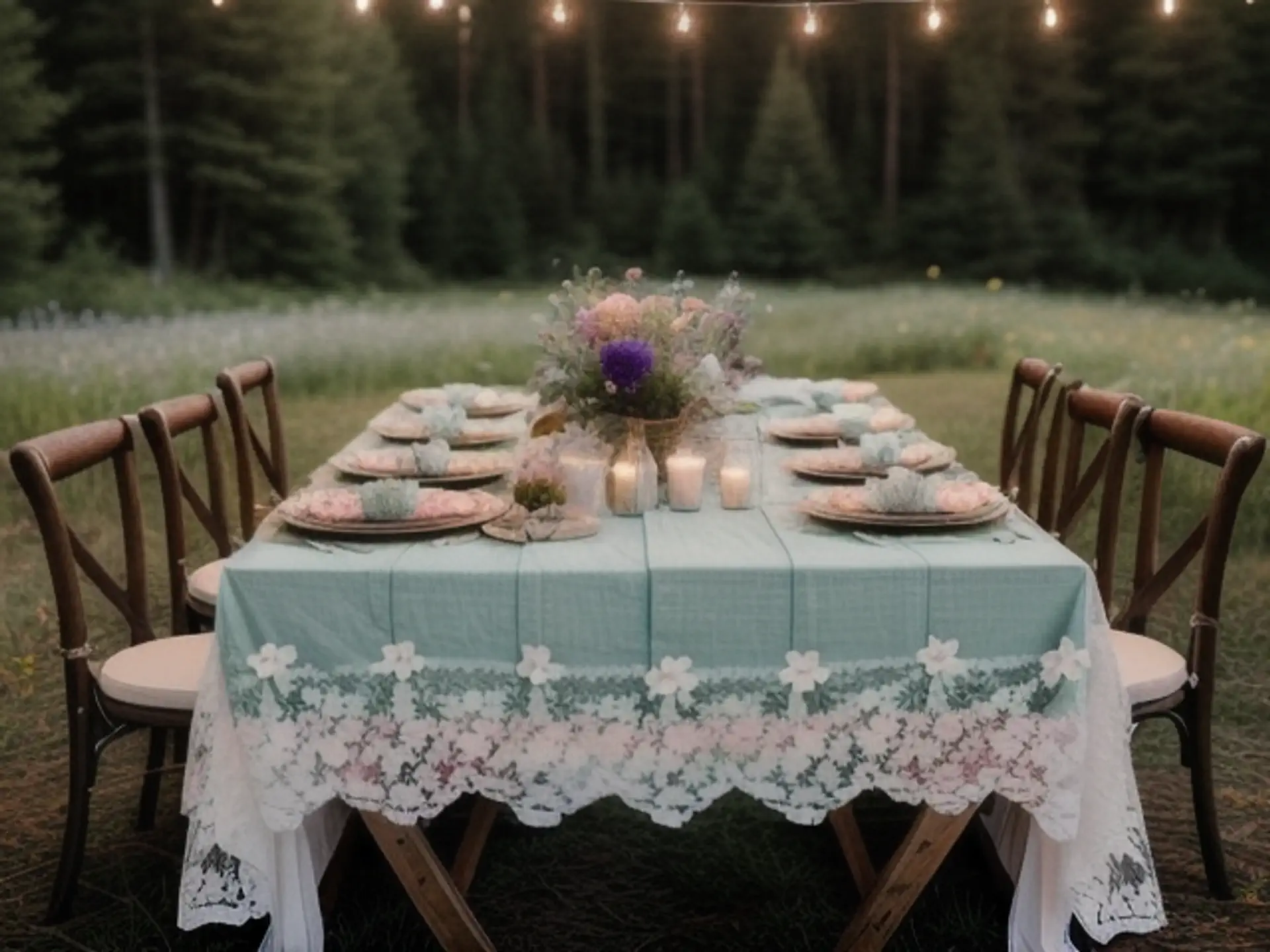 Romantische tuintafel styling met kanten kleed en lichtsnoer buiten