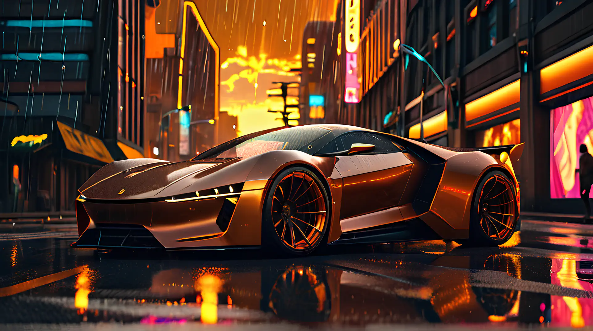 Bronzen Superauto in Regenachtige Neonstad